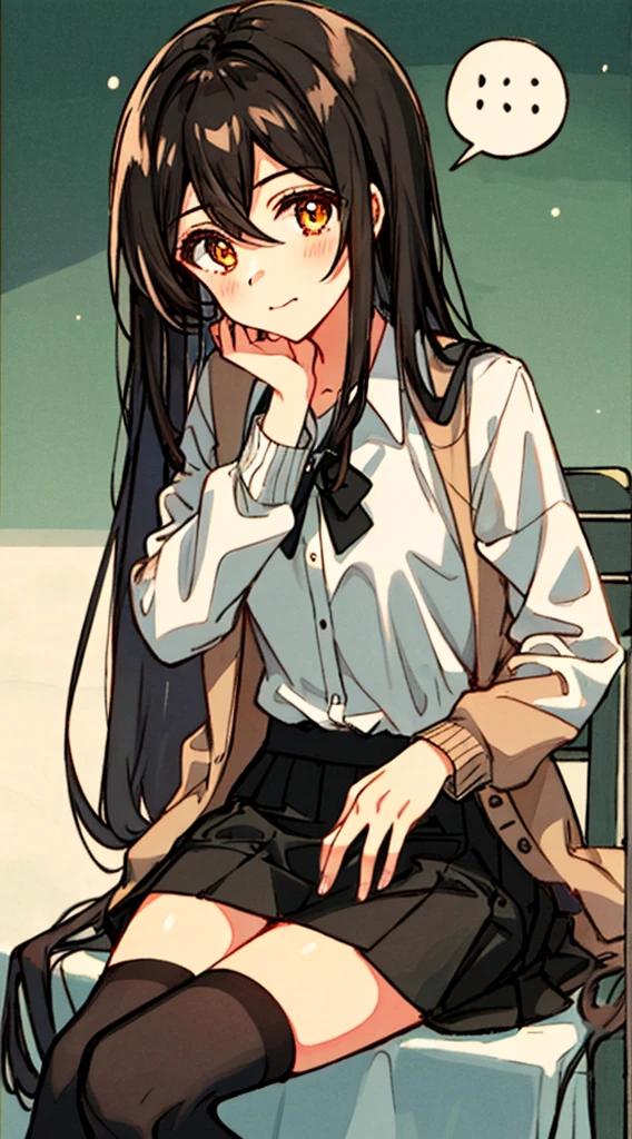 Hori Kyouko, 1 girl, black skirt, black stockings, brown hair, cardigan, closed mouth, collared shirt, dress shirt, hair between eyes, hand up, Katagiri high school uniform, long hair, long sleeves, looking at the viewer, orange eyes, school uniform, shirt, sitting, skirt, alone, speech bubble, divided mouth, thighs, white shirt, a young girl with a black skirt and black thigh-high stockings, showcases her unique style with her brown hair and cardigan. Her closed mouth adds a touch of mystery to her expression. She wears a collared dress shirt as part of her Katagiri high school uniform, with a strand of hair falling between her eyes. Confidently raising her hand, she sits alone, with long sleeves and a skirt in her uniform. Her captivating orange eyes gaze directly at the viewer, capturing their attention. Completing her ensemble, she wears a white shirt beneath her uniform, while a speech bubble adds a touch of dialogue. With her divided mouth and charming presence, Hori Kyouko stands out in the school setting, leaving a lasting impression, flag chest