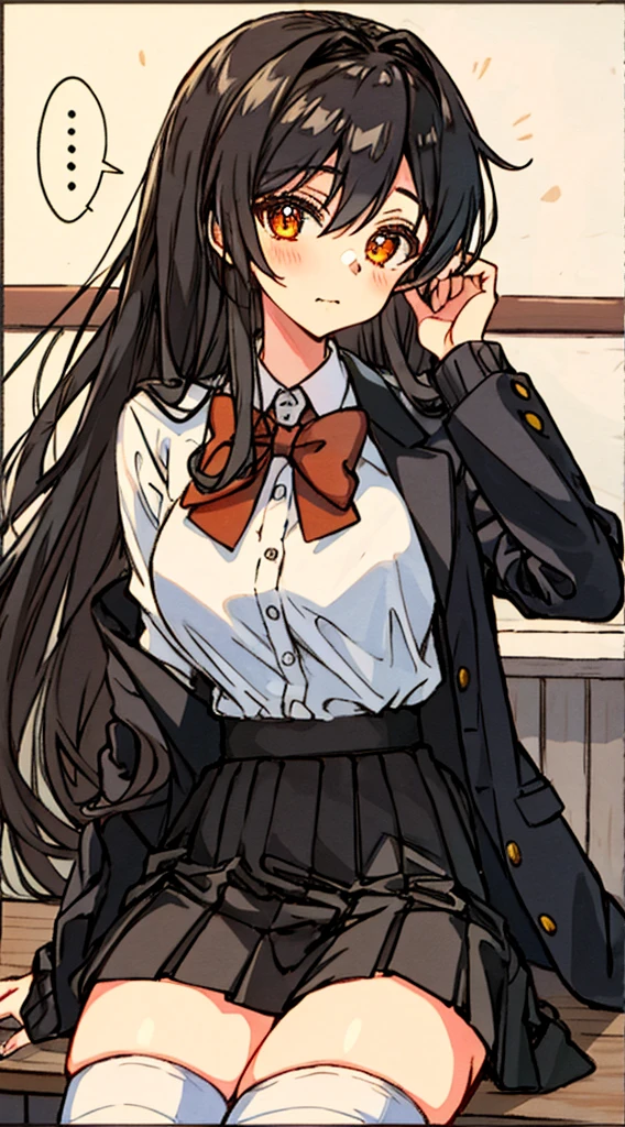 Hori Kyouko, 1 girl, black skirt, black stockings, brown hair, cardigan, closed mouth, collared shirt, dress shirt, hair between eyes, hand up, Katagiri high school uniform, long hair, long sleeves, looking at the viewer, orange eyes, school uniform, shirt, sitting, skirt, alone, speech bubble, divided mouth, thighs, white shirt, a young girl with a black skirt and black thigh-high stockings, showcases her unique style with her brown hair and cardigan. Her closed mouth adds a touch of mystery to her expression. She wears a collared dress shirt as part of her Katagiri high school uniform, with a strand of hair falling between her eyes. Confidently raising her hand, she sits alone, with long sleeves and a skirt in her uniform. Her captivating orange eyes gaze directly at the viewer, capturing their attention. Completing her ensemble, she wears a white shirt beneath her uniform, while a speech bubble adds a touch of dialogue. With her divided mouth and charming presence, Hori Kyouko stands out in the school setting, leaving a lasting impression, flag chest