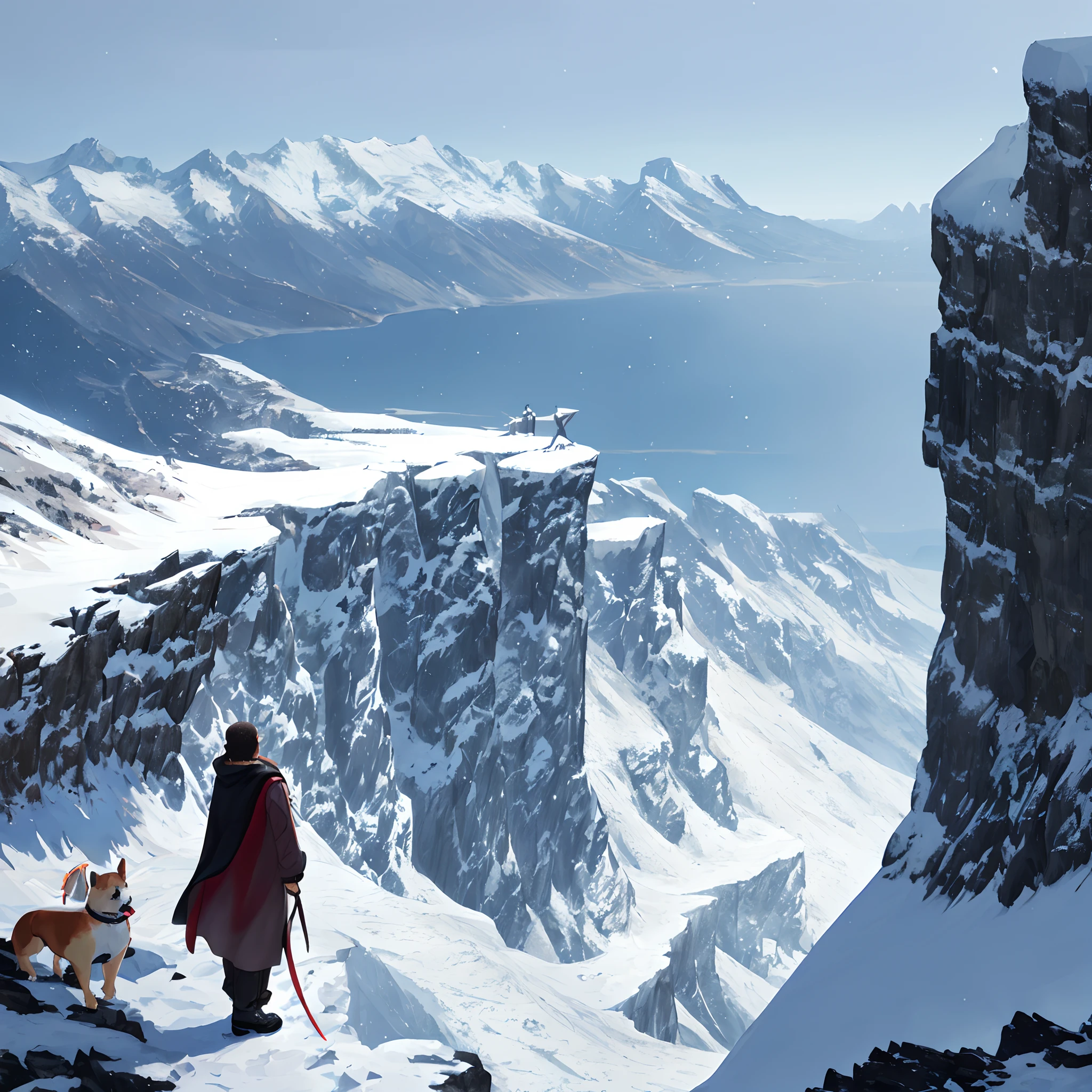 Guy looking at snowy mountains, cliff edge, beautiful, adventurous, sword, windy cape, ocean on the left, snowing, waterfall, pet dog.