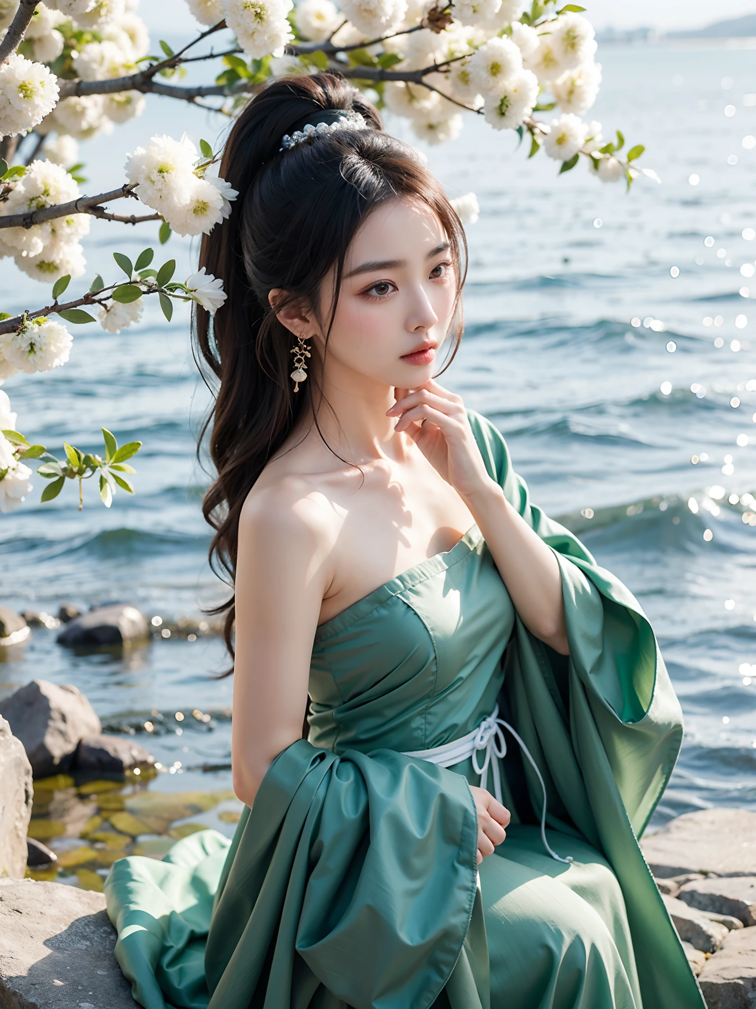 (best quality,4k,highres:1.2),ultra-detailed,realistic, portraits,colors with warm tones,golden hour lighting,a traditional Javanese garden in the background, vibrant colors, lush greenery, a tranquil waterfall, exotic flowers, traditional music playing in the background, sparkling dewdrops on leaves, intricate carvings on the wooden bench, a serene expression on her face, delicate jewelry, the sound of birds chirping, a gentle breeze, the smell of jasmine in the air.