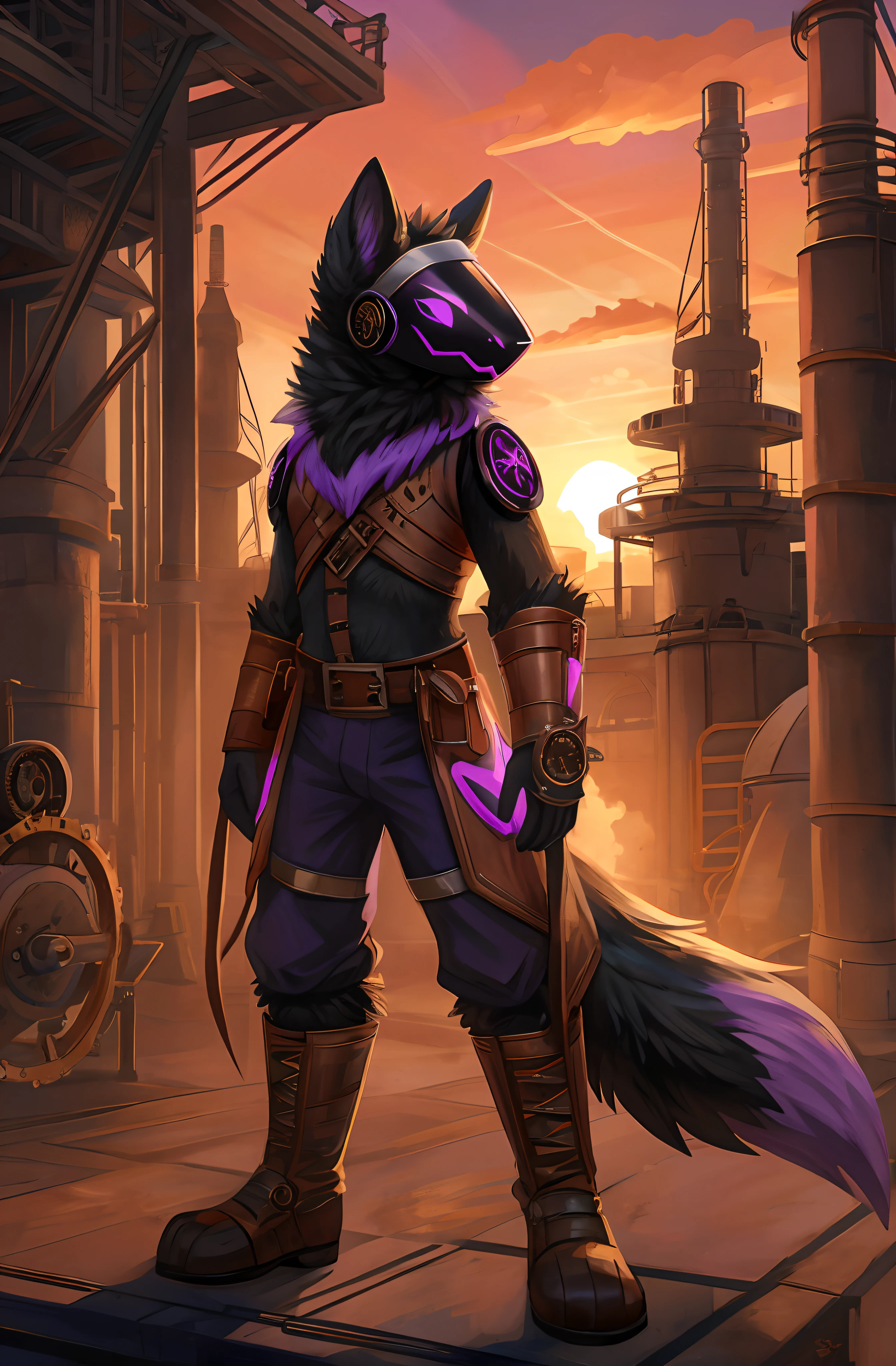 Protogen, furry art, masterpiece, great anatomy, black fur, neon purple details, detailed background, industrial revolution, sunset, fluffy tail, male, wearing a steampunk engineer outfit, solo, steam engine, steampunk