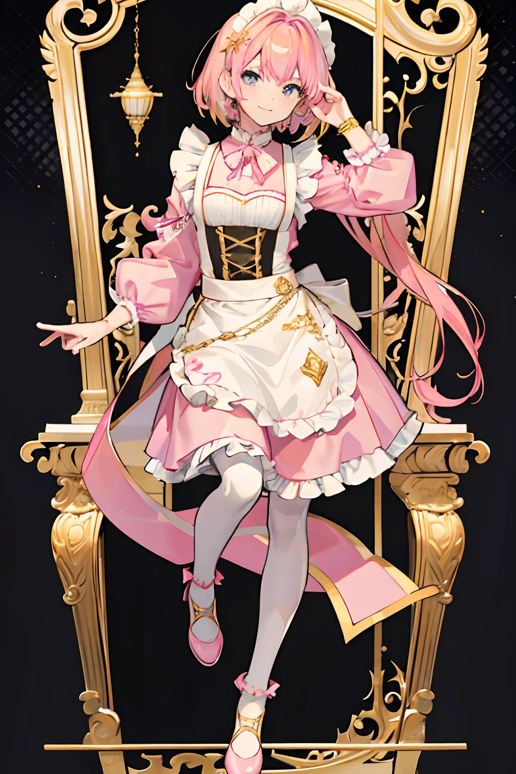handsome male enjoy wearing pink maid costume.full body,smile,(gold hair),looking at another