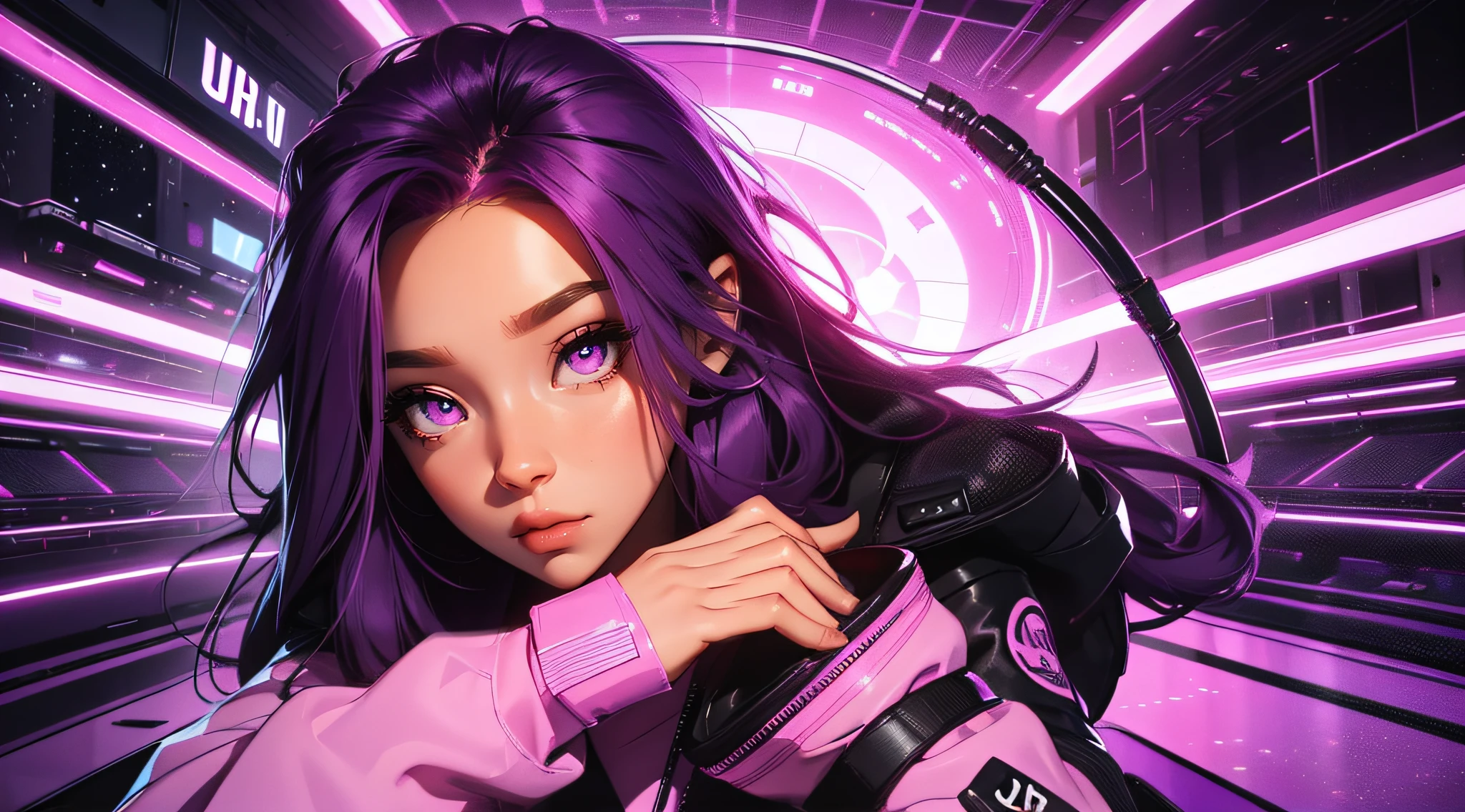 Science-fiction, Purple Hair, Pink Eyes, futuristic, Passing night landscape, A beautiful technician girl with, UHD Portrait, (High quality) (ultra details) Looking at the viewer in hip-hop style streetwear; different, colorfull, long hair, 5 finger hand.