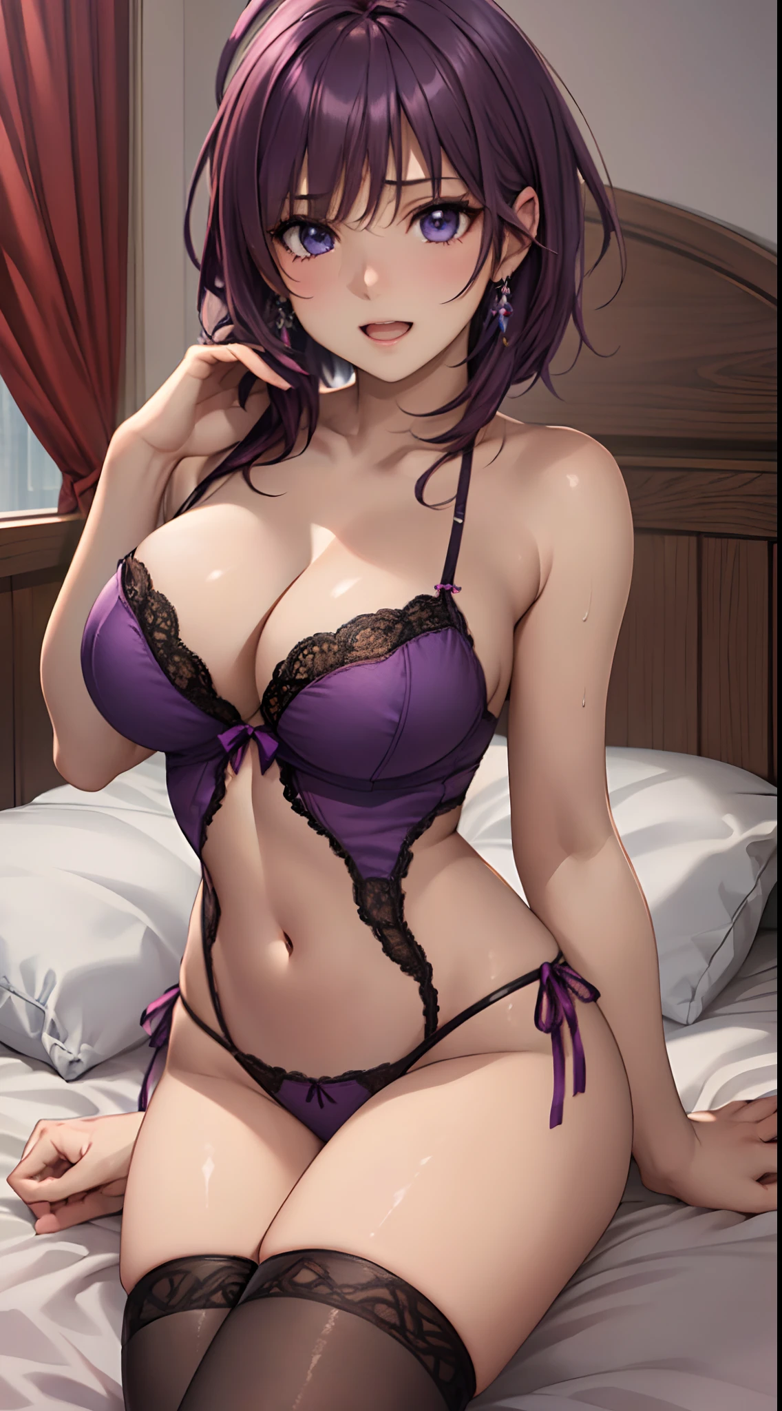 Official art,(masutepiece:1.4),(very precise details,Ultra High Resolution:1.5),(Highly detailed CG Unity 8K:1.5),(A slender:1.5),Perfect litthing,colourfull,vivd colour,(Bright Front face Illuminating:1.3),Smile,(Hands behind the body:1.4),(Perfect female body:1.4),(Short hair:1.4),(Ahoge:1.4),(sharpnes:1.4),(Curve,Model,glamor:1.4),(Realistic, hyper realisitic:1.5),perfect hand、Perfect skeleton、Perfect fingers,(beautiful hands of a woman:1.4),White sheets,Celebrity Room,Luxurious room,(Bedroom,on the bed:1.4),(A slender:1.5),(Reddish-purple hair:1.5),1girl in, Armpits,(Large breasts:1.4),(Black erotic nightgown:1.4),(Black knee socks:1.4), Bangs, Bare shoulders,Blue eyes, blush,cleavage,girl with,Solo,very detailed beautiful face and eyes,Slightly open mouth,
