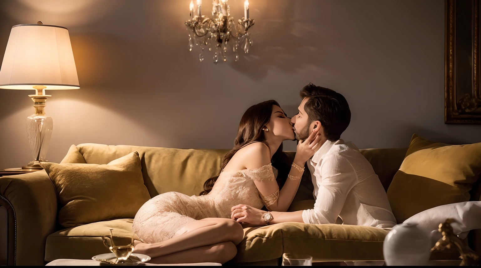 Arafed couple sitting on a couch kissing each other - SeaArt AI
