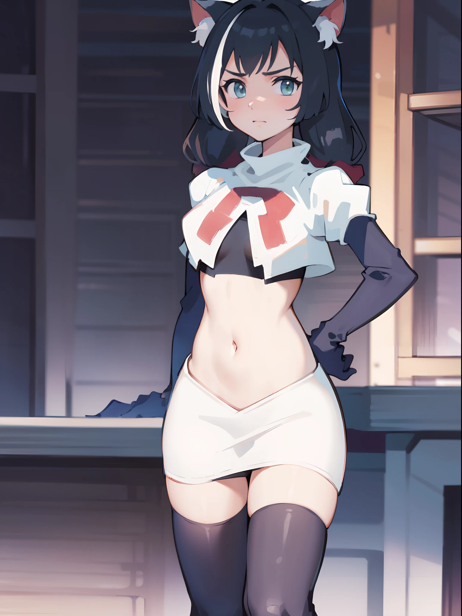 karyl,low twintails, twintails, cat tail,team rocket,team rocket uniform,white skirt,crop top,black thigh-high boots,black elbow gloves,