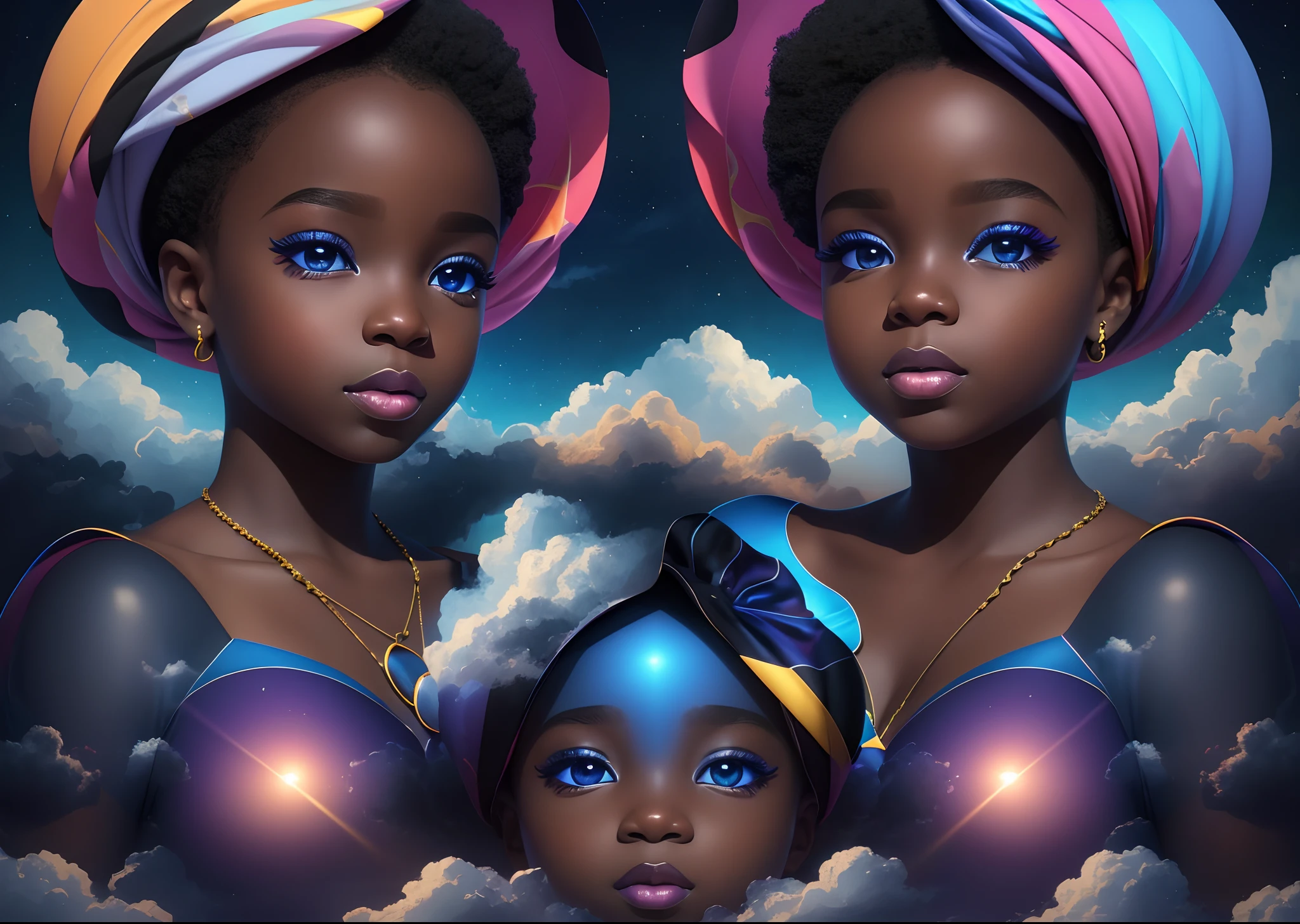Beautiful black babies dressed in African 
designed clothes,  floating in the sky ,among the clouds reflected by lights of colours of blue and velvet, abstract art, blue and velvet layers of colour in the background,  surrealism, cinematic lighting, artgerm style, 32k, ultra HD, unreal engine rendered, hyper-realistic image, --auto --s2