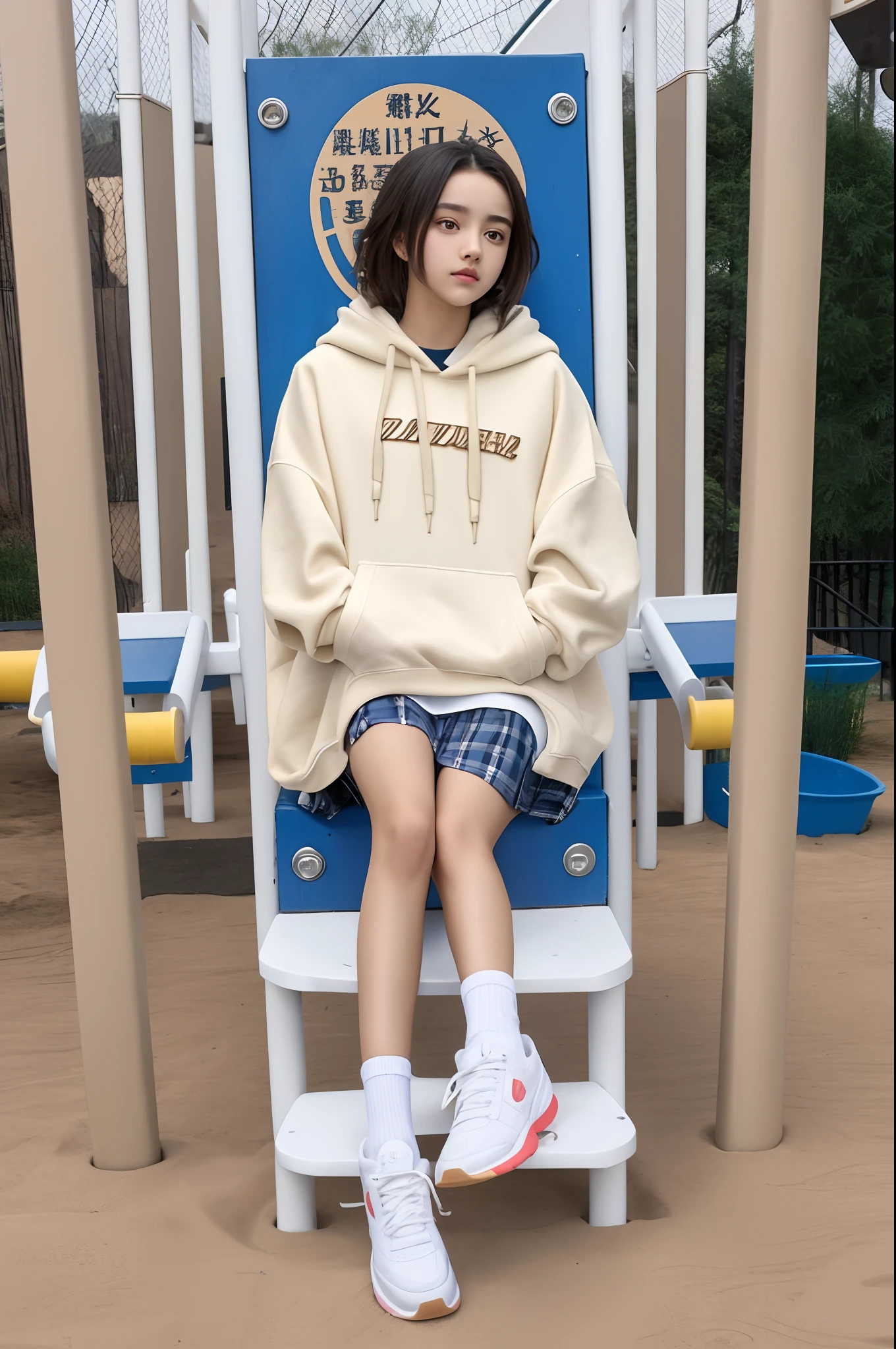 Alafi sits on playground equipment in a white sweatshirt, ulzzangs, beige hoodie, 2 d cg, She is seen wearing streetwear pieces, girl wearing hoodie, full-body xianxia, Uptrend ,, Cute girl, wearing an oversized hoodie, 🤬 🤮 💕 🎀, full body cute young lady, 😭 🤮 💕 🎀, 19xx, personal profile picture