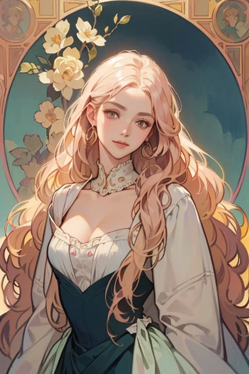 50-year-old woman, middle-aged European, (((MILF))), beautiful alluring noblewoman, (adult face), ((mature woman's face)), full lips, (oval-shaped face), (celestial nose), warm fair skin, small purple eyes, violet doe eyes, very light rose gold hair, pink blonde, pastel pink rose gold hair, very long wavy hair, tareme, long eyelashes, white Rococo fashion-inspired dress with brocade elements, radiant, glowing, luminous, enchanting, elegant, holy, dreamy, romanticism, innocence, serene, compassionate, fine art painting by Yanjun Cheng, Krenz Cushart key art feminine, a character portrait by Oliver Sin and Charlie Bowater, background by James Jean and Alphonse Mucha, ((Alphonse Mucha)), ((intricate detailed)), ((Semi-realistic)), (solo focus), (perfect face:1.1), cleavage, light smile, kind facial expression, ethereal lighting, (high detail:1.1), (((masterpiece))), ((best quality)), fantasy style art, Art Nouveau, full-length portrait, voluptuous body, (glamour shot full body image)