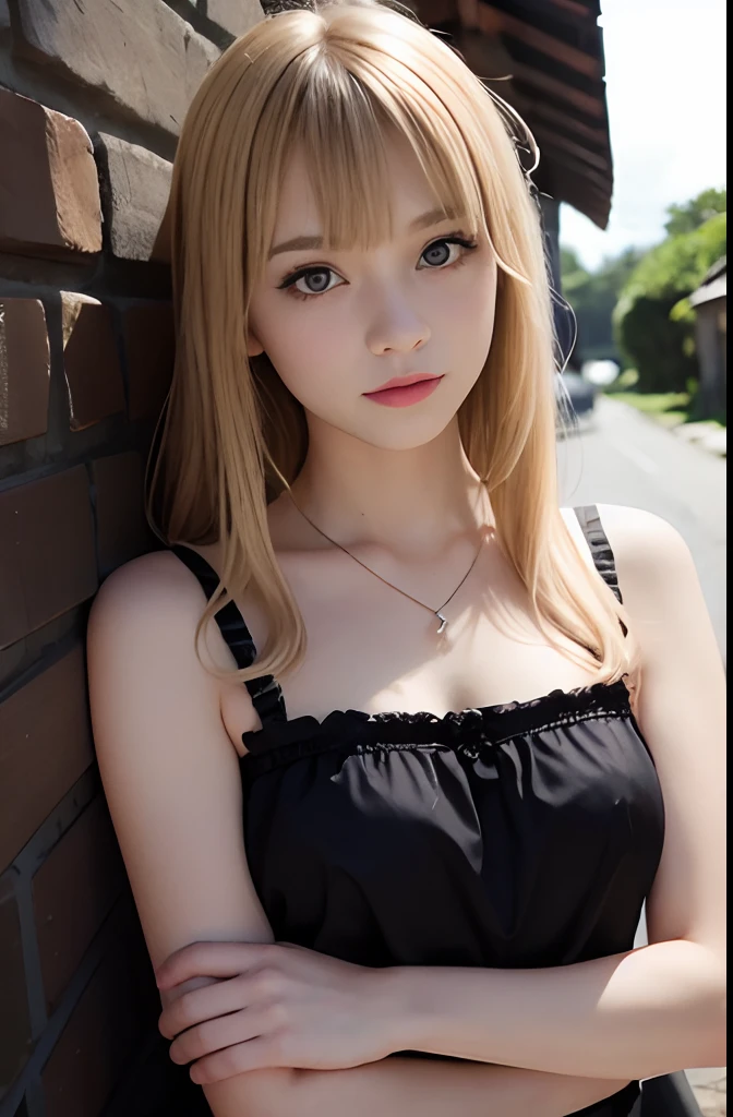 A girl,16 year old,pretty face,waitress,gothic and ta camisole,european countryside,blonde,bangs bangs,muscular arms