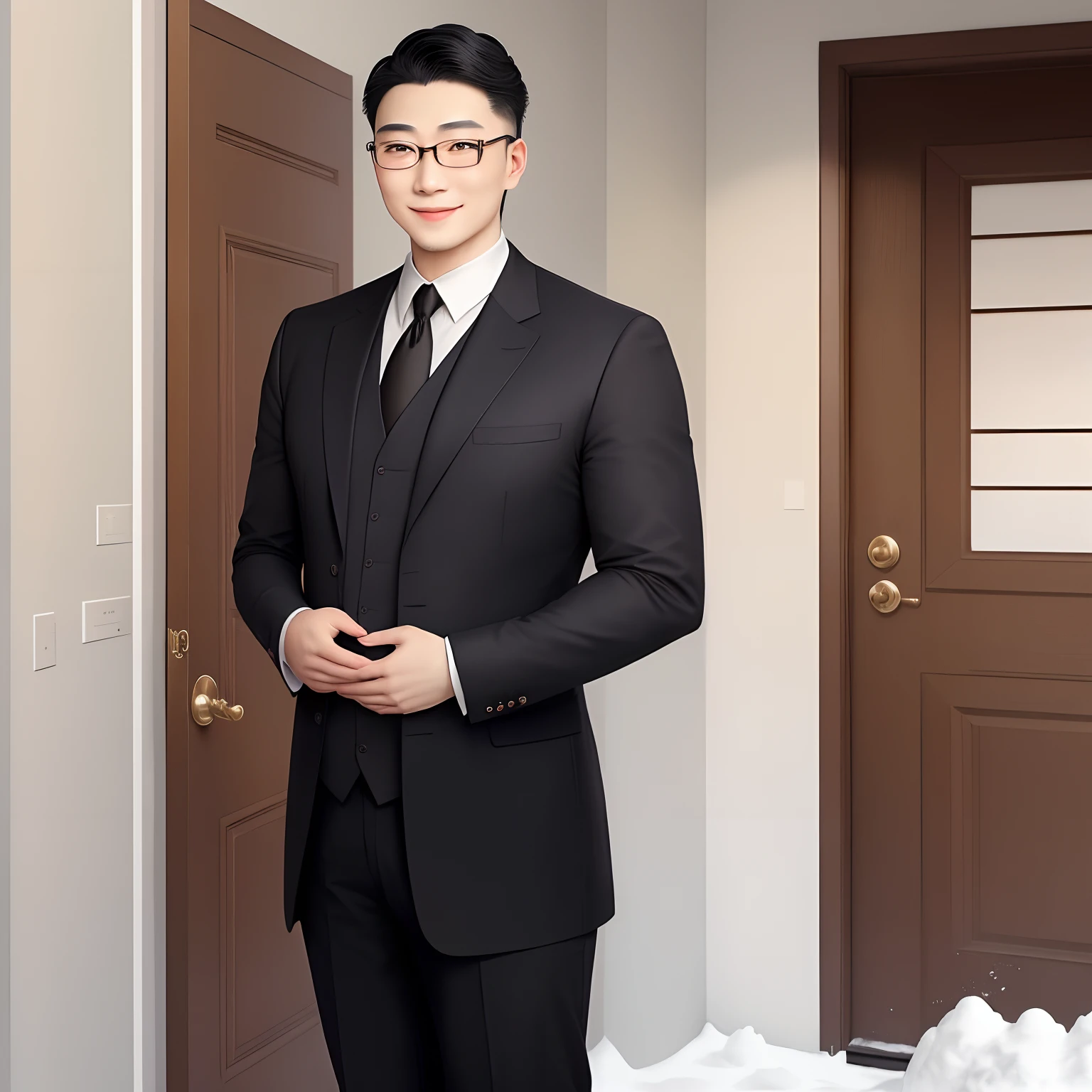 An elegant and intellectual classical Chinese man, usando uma faixa da barriga, Standing at the door with a smile on his face, Your skin is more radiant than snow, and his eyes are like a puddle of clear water. There's a slight air of books.