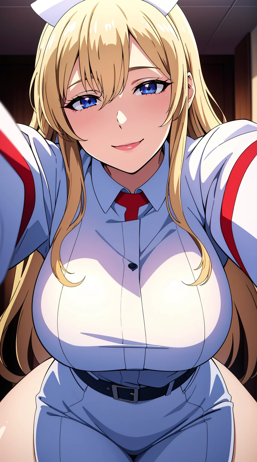 (best quality:1.5, highres, UHD, 4K, detailed lighting, shaders), blonde long hair, smiling, large breasts, nurse outfit, sexy, erotic, lewd, (pov, close shot)