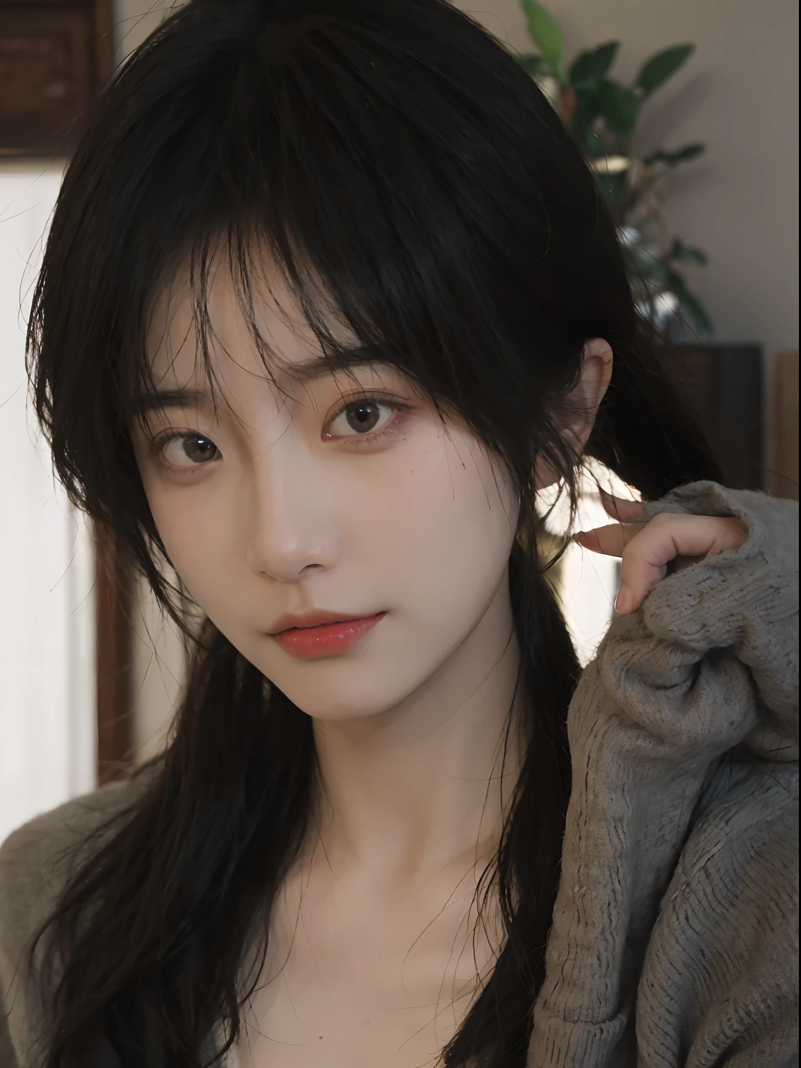 best qualtiy， 超高分辨率， （realisticlying：1.4）， A woman with long black hair and a gray sweater, 中景 the scene is, in a sunbeam，She has black hair，By bangs, young lovely Korean faces, wan adorable korean face, ulzzangs, Shin Jinying, beautiful aesthetic face, Korean face features, Played by Liu Lee Ji Eun ，Beautiful realistic face