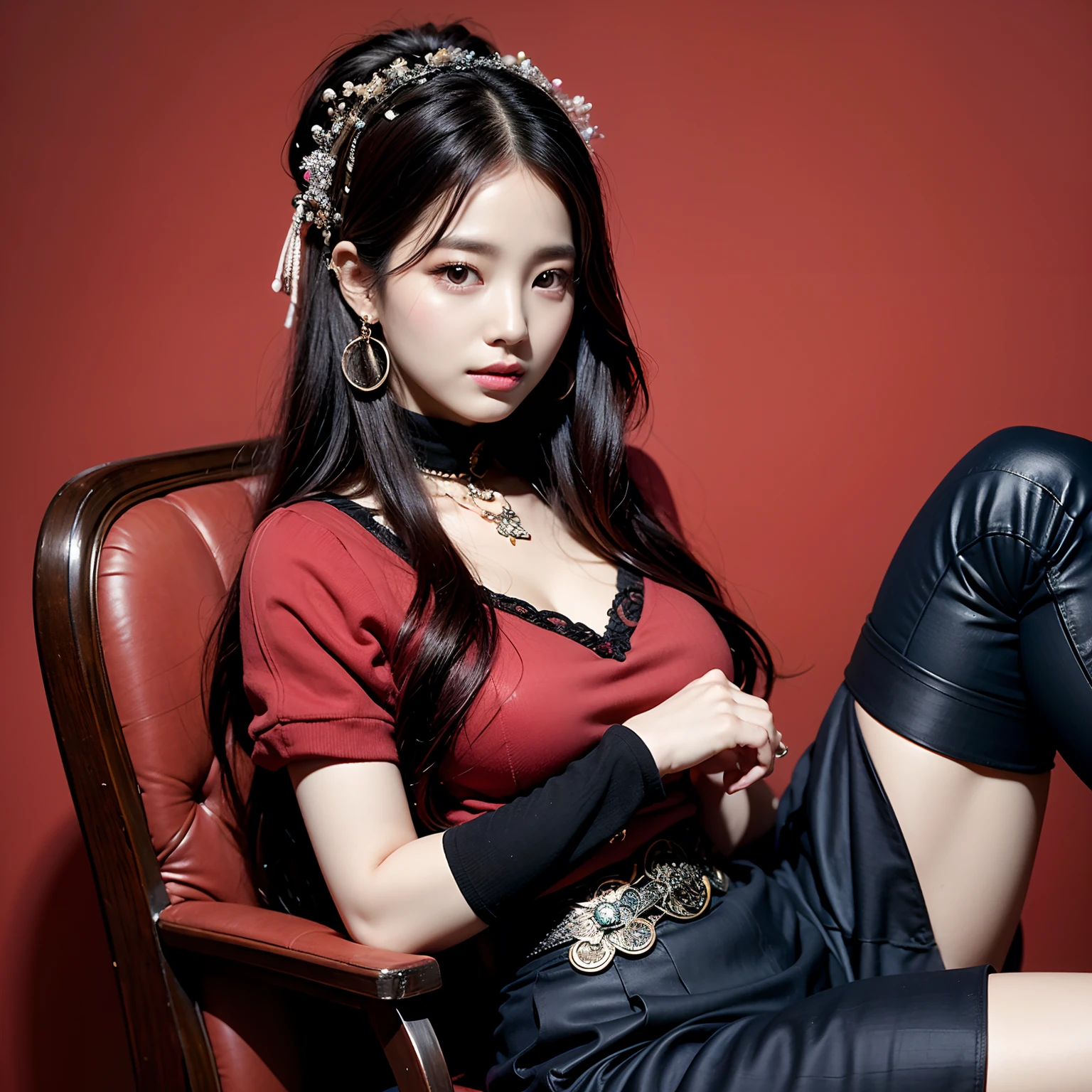 Close-up of a woman sitting in a chair holding a watch, bae suzy, in the art style of bowater, dilraba dilmurat, portrait jisoo blackpink, korean artist, portrait of female korean idol, Pan Bingbing, full body xianxia, jia, Songs inspired by Huang Ji, lalisa manobal, red background