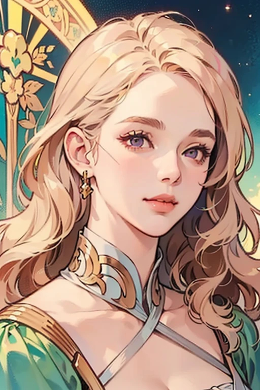 50-year-old woman, middle-aged European, (((MILF))), beautiful alluring noblewoman, (adult face), ((mature woman's face)), full lips, (oval-shaped face), (celestial nose), warm fair skin, small purple eyes, violet doe eyes, very light rose gold hair, pink blonde, pastel pink rose gold hair, very long wavy hair, tareme, long eyelashes, white Rococo fashion-inspired dress with brocade elements, radiant, glowing, luminous, enchanting, elegant, holy, dreamy, romanticism, innocence, serene, compassionate, fine art painting by Yanjun Cheng, Krenz Cushart key art feminine, a character portrait by Oliver Sin and Charlie Bowater, background by James Jean and Alphonse Mucha, ((Alphonse Mucha)), ((intricate detailed)), ((Semi-realistic)), (solo focus), (perfect face:1.1), cleavage, light smile, kind facial expression, ethereal lighting, (high detail:1.1), (((masterpiece))), ((best quality)), fantasy style art, Art Nouveau, full-length portrait, voluptuous body, (glamour shot full body image)