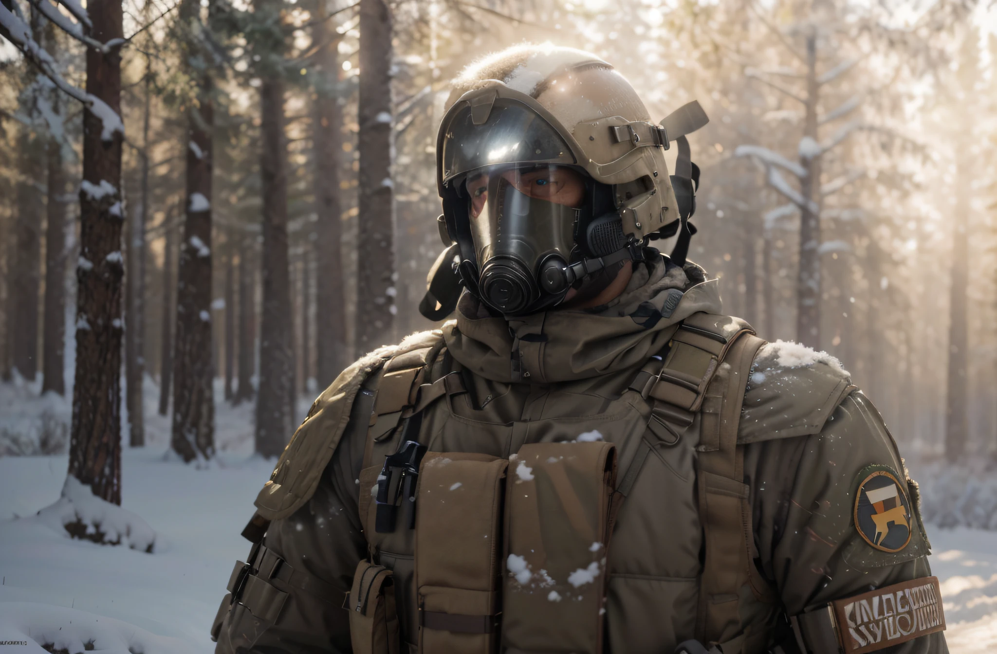 Male soldier, brown Soviet style uniform, gray helmet, Soviet style anti gas mask, brown bulletproof vest, gray metal shoulder pads, he is in a wild snowy winter forest, realistic, 4k, Ultra detailed image, realistic, Highly detailed, perfect composition, gorgeous , Intricately detailed, incredibly detailed, Art photography 8K, hyper detailed, Masterpiece, Ultra detailed, hyper realistic, 4k, Ultra detailed image, realistic, Highly detailed, perfect composition, beautiful, intricately detailed, incredibly detailed, art photography 8k, hyper detailed , masterpiece