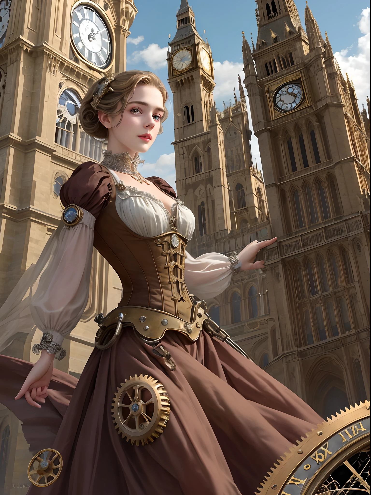 Realistic, Photorealistic, high quality, RAW photo, A Gracefully Daring Young Heroine, Dressed in a mix of vintage and futuristic outfits,  Detailed cute face, perky eyes, on the top of the magnificent clock tower, adorned with delightful cogs and gears, whimsical world of steampunk, where the past and the future are intertwined in a gentle dance. The work is a time traveler's adventure through the metropolis of the Victorian era with a turn to the future, Airships glide across the sky,