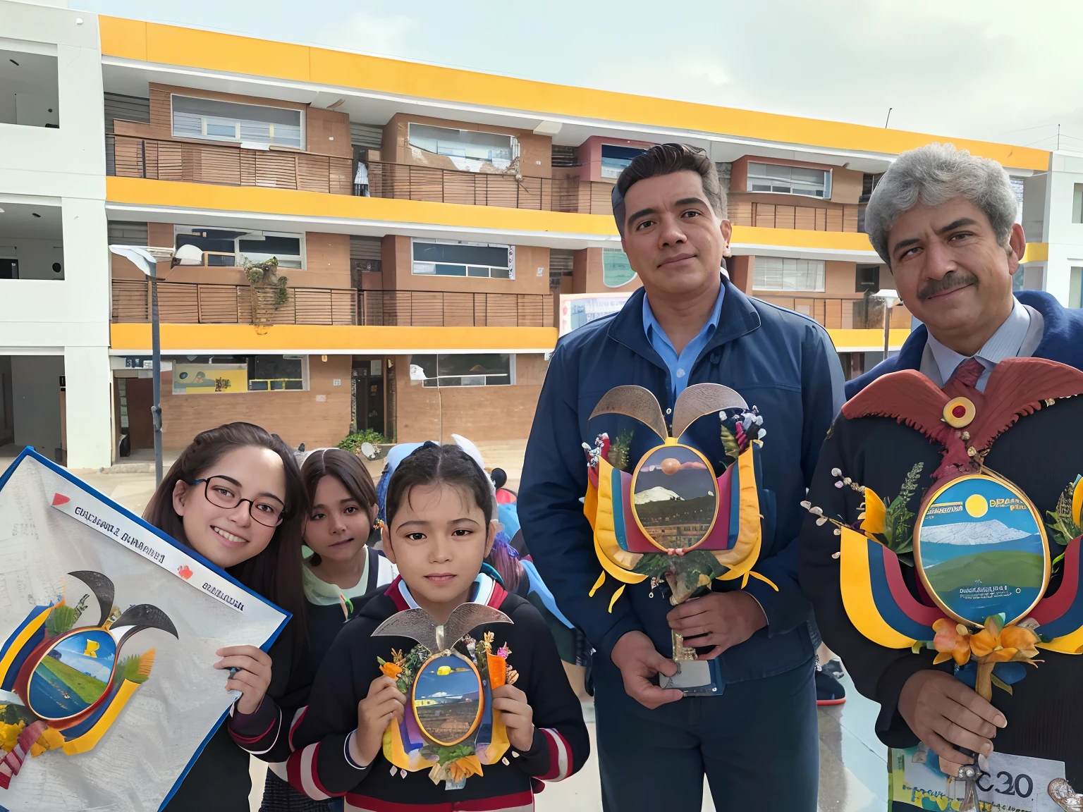 varias personas sosteniendo placas con banderas y un edificio al fondo, Escuela Quito, 2 0 1 9, 2019, Ganador del concurso, por David Ruby, 2024, 2 0 2 4, by Jesús Mari Lazkano, Obra maestra ganadora del concurso, Arte premiado, Arte premiado, :3, Obra ganadora