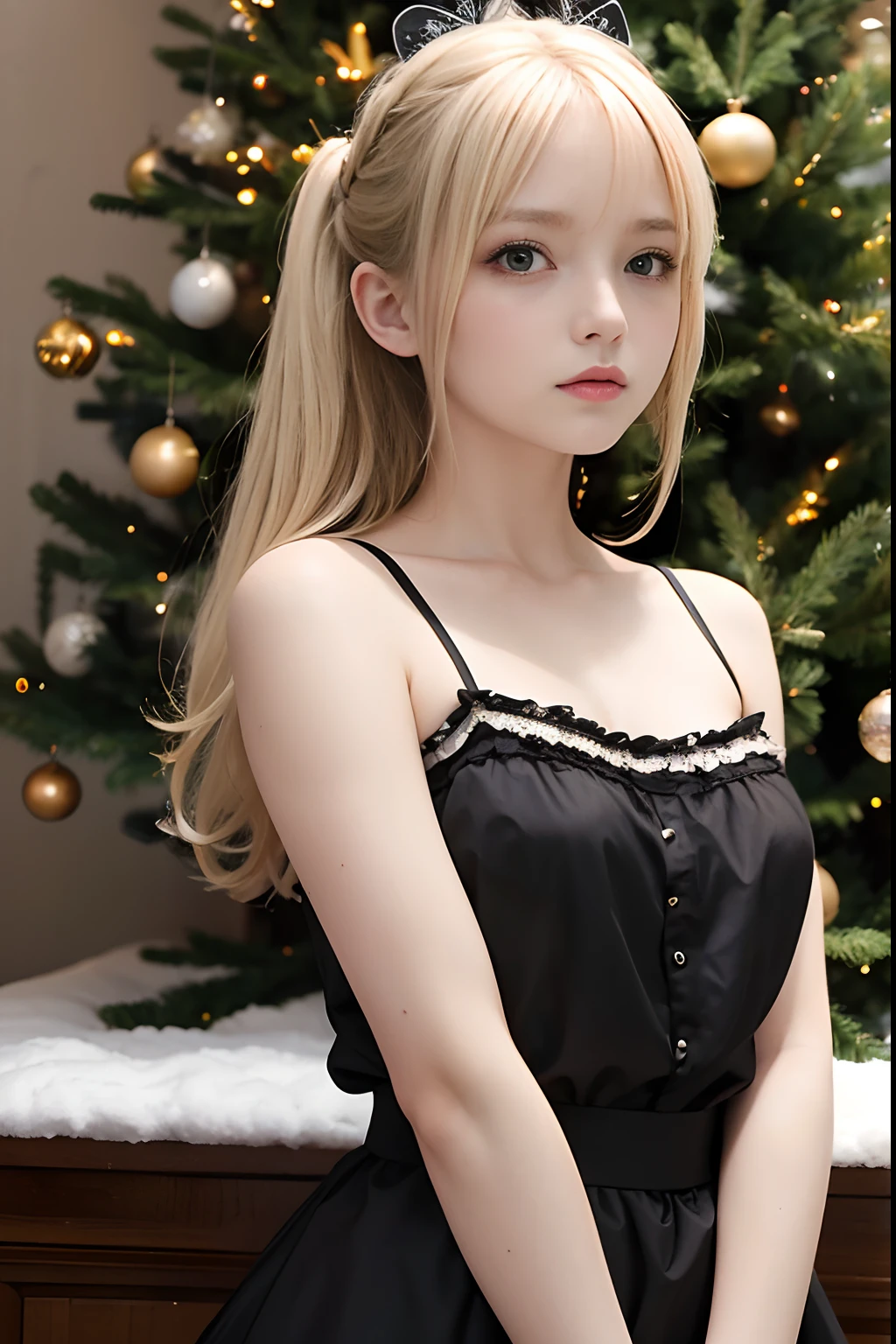 A girl,16 year old,pretty face,waitress,gothic and lolita camisole,european countryside,blonde,bangs bangs,muscular arms,maid,snow field and Xmas tree