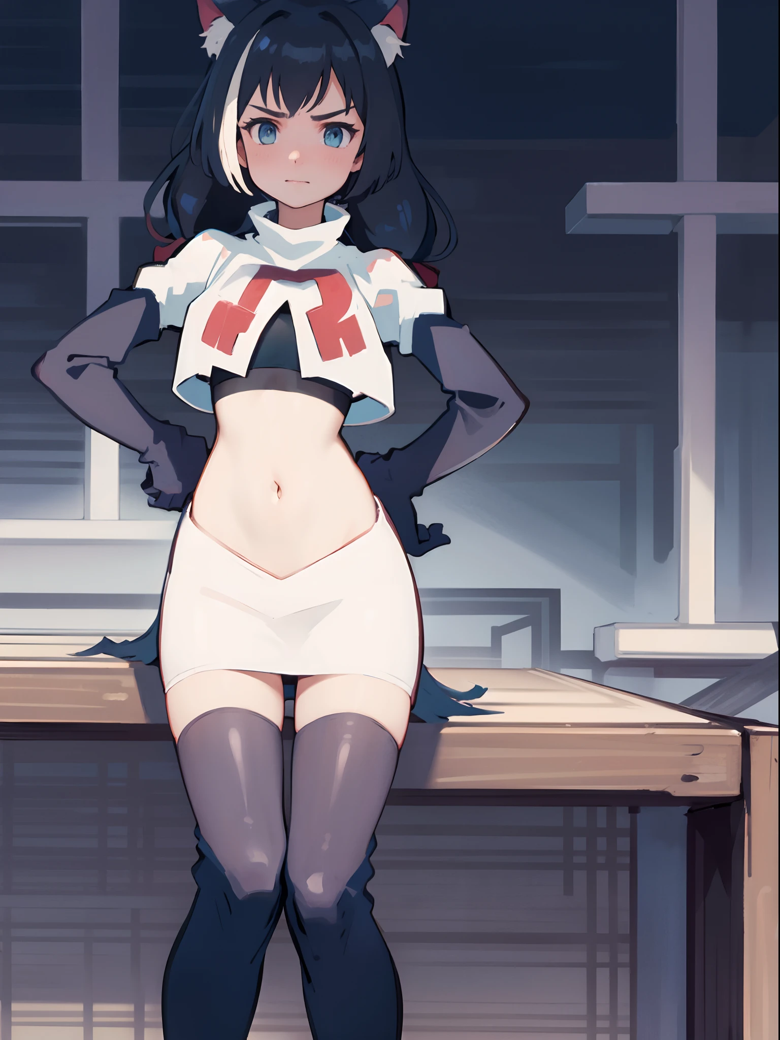 karyl,low twintails, twintails, cat tail,team rocket,team rocket uniform,white skirt,crop top,black thigh-high boots,black elbow gloves,