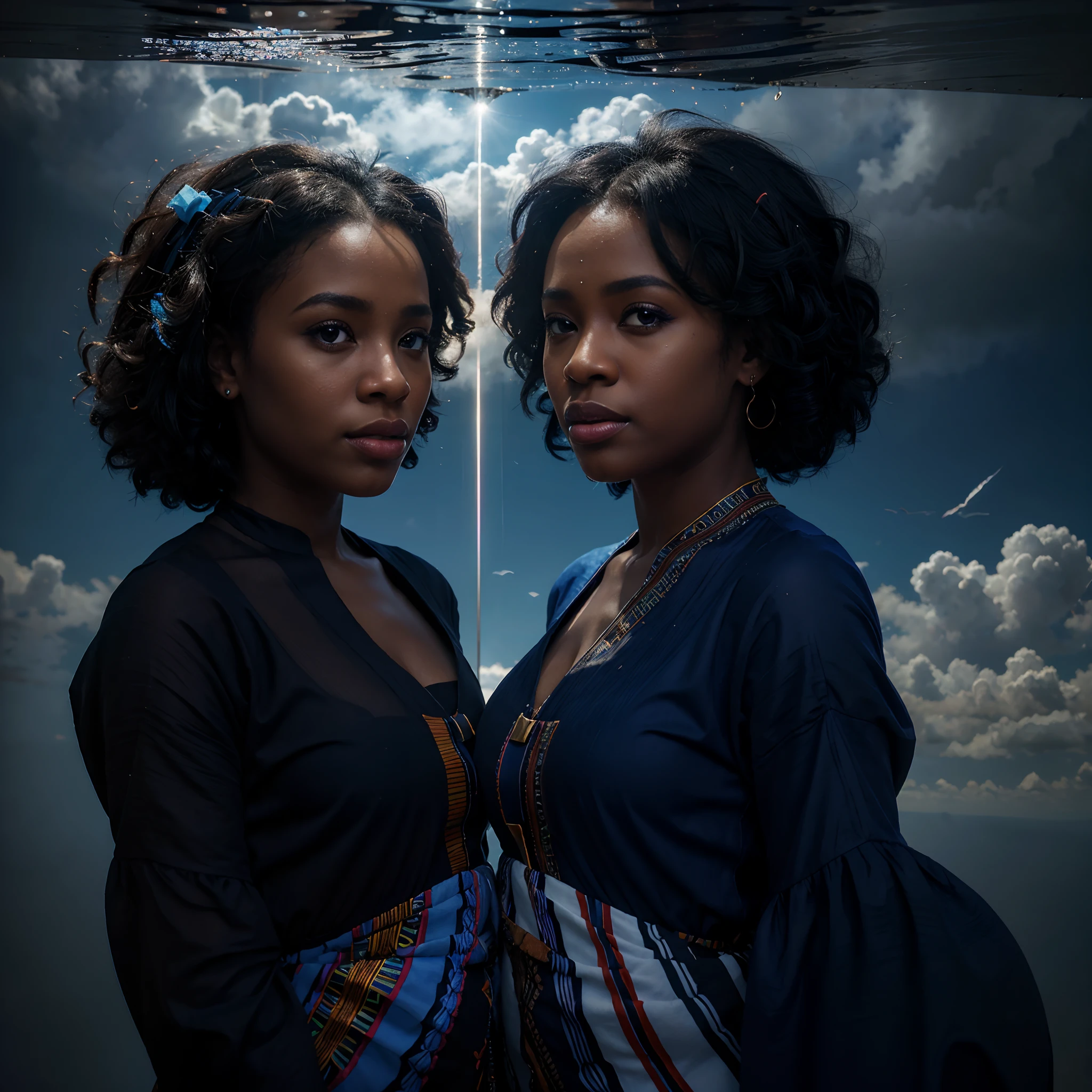 Beautiful black babies dressed in African 
designed clothes,  floating in the sky ,among the clouds reflected by lights of colours of blue and velvet, abstract art, blue and velvet layers of colour in the background,  surrealism, cinematic lighting, artgerm style, 32k, ultra HD, unreal engine rendered, hyper-realistic image,