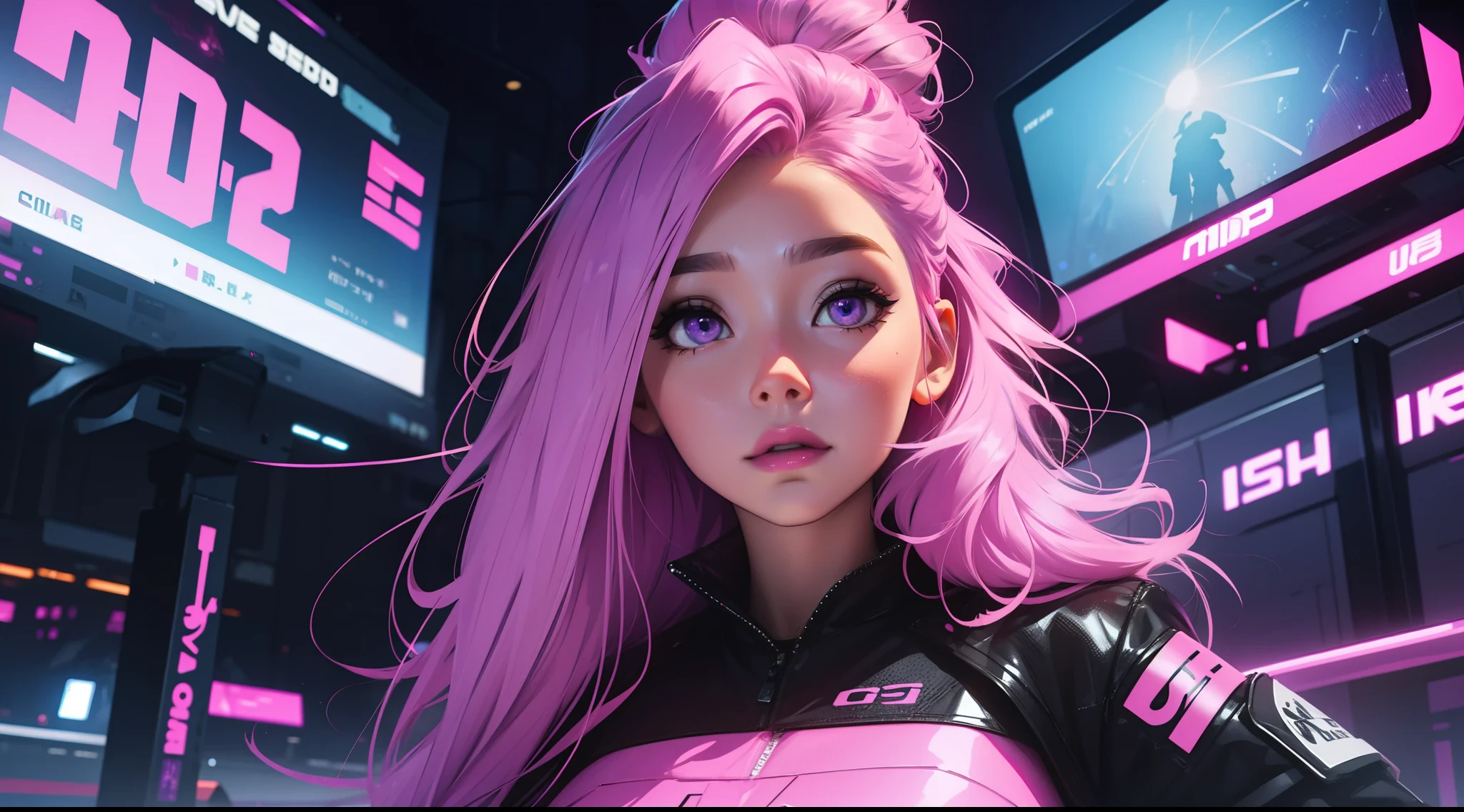 Science-fiction, pink Hair, purple Eyes, futuristic, Passing night landscape, A beautiful technician girl with, UHD Portrait, (High quality) (ultra details) Looking at the viewer in hip-hop style streetwear; different, colorfull, long hair, no hands.