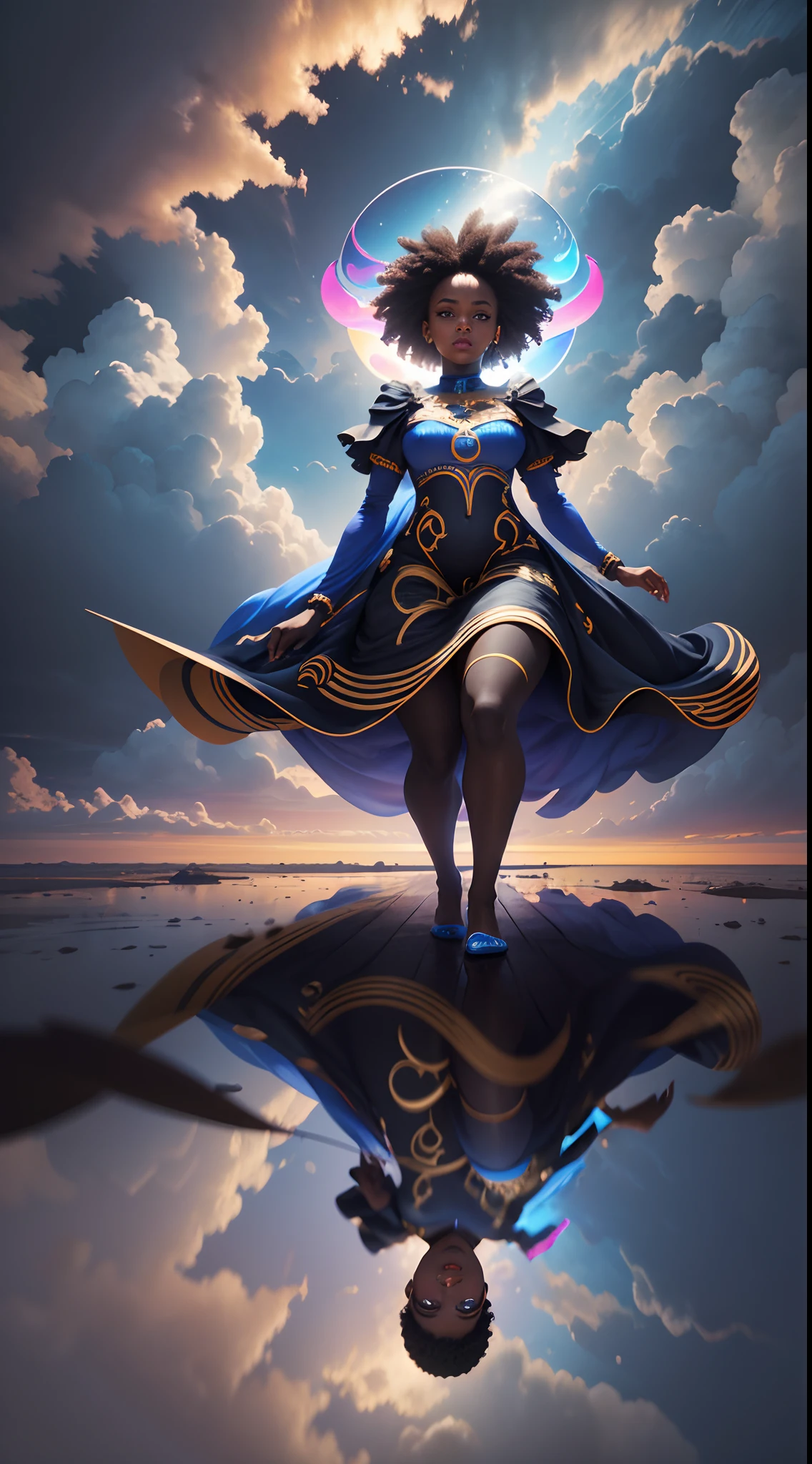 Beautiful black babies dressed in African
designed clothes, floating in the sky ,among the clouds reflected by lights of colours of blue and velvet, abstract art, blue and velvet layers of colour in the background, surrealism, cinematic lighting, artgerm style, 32k, ultra HD, unreal engine rendered, hyper-realistic image, octane 3d rendering --auto --s2