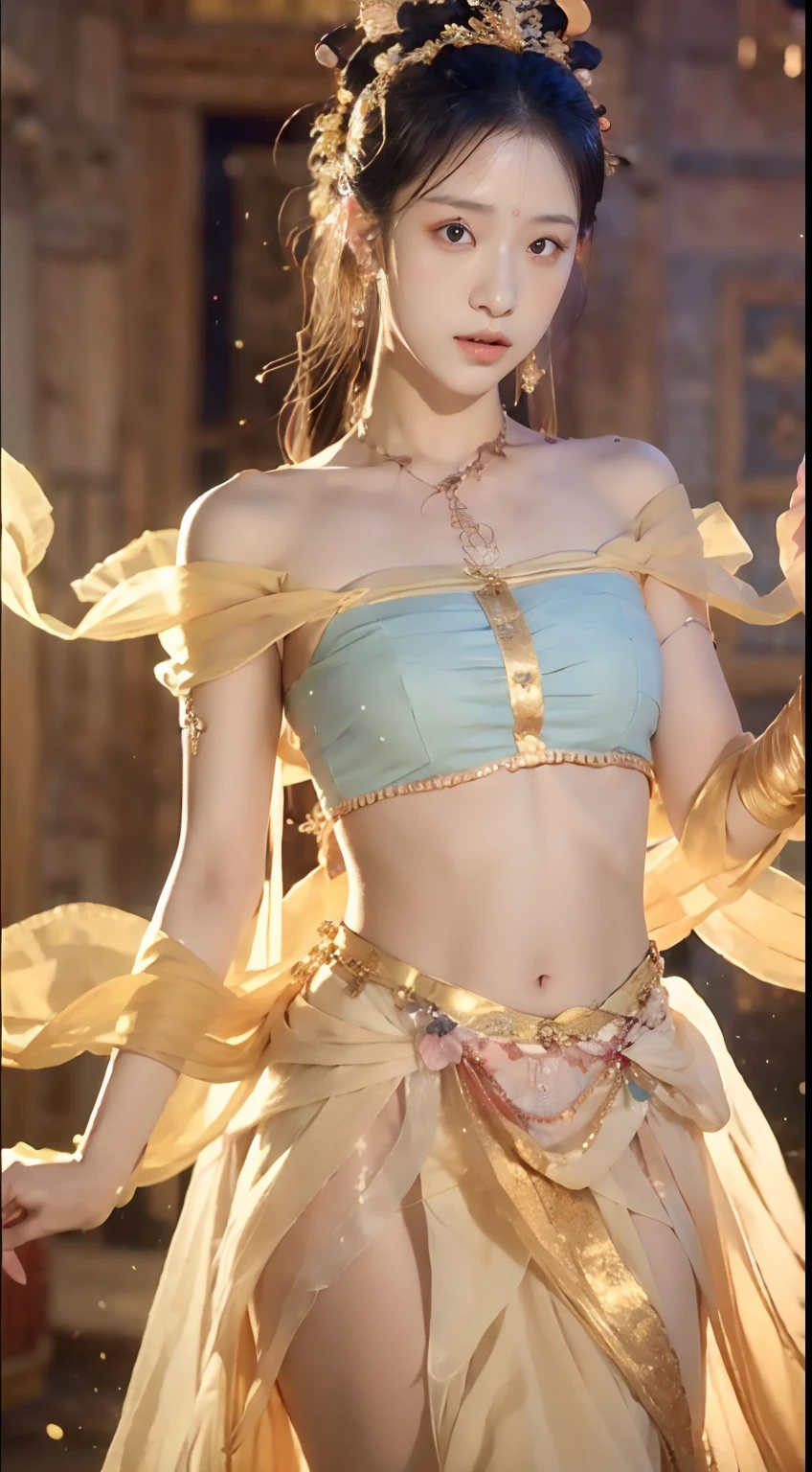 (8K, RAW photo, Best quality, tmasterpiece:1.2), (Realistic, photo-realistic:1.4), (Extremely detailed Cg Unity 8K wallpaper), （1 girl：1.5）,Beauty of the Western Regions，（A blond bandeau dress：1.4），There are red spots on the forehead，Pale skin，Blushlush，largeeyes，full bodyesbian，upper legs，Open navel，Gold-tone waist chain，golden ornaments，Flying ribbons，Particle，Ancient buildings in the background，，Dance, dunhuang_dress, dunhuang_Style,