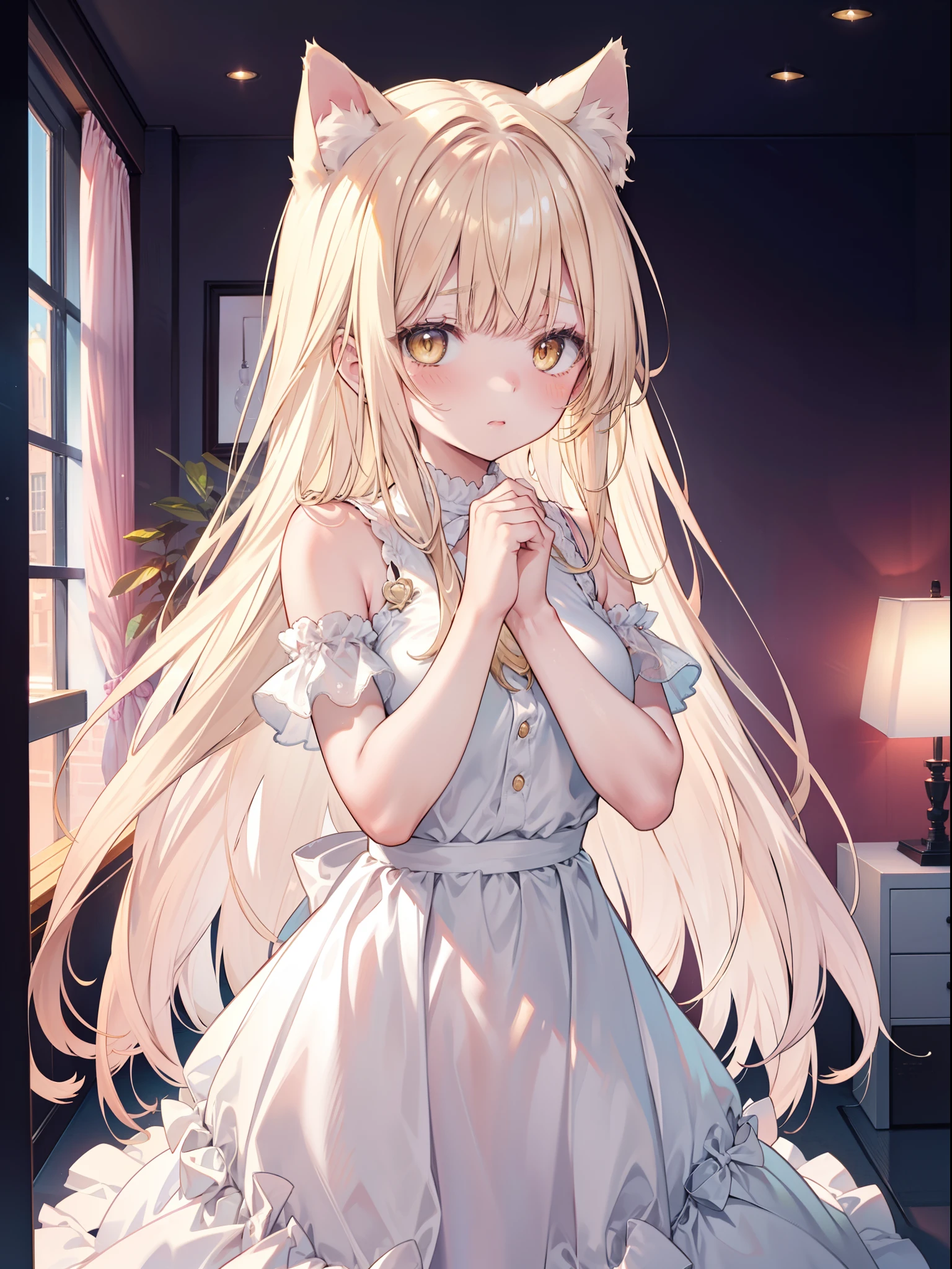 half-body portrait photo, a girl (long blonde hair, cat ears, big yellow eyes, thin pink lips, blushing), wearing a transparent white dress, looking at the camera in a cat pose (two hands clenched into fists), in a bedroom