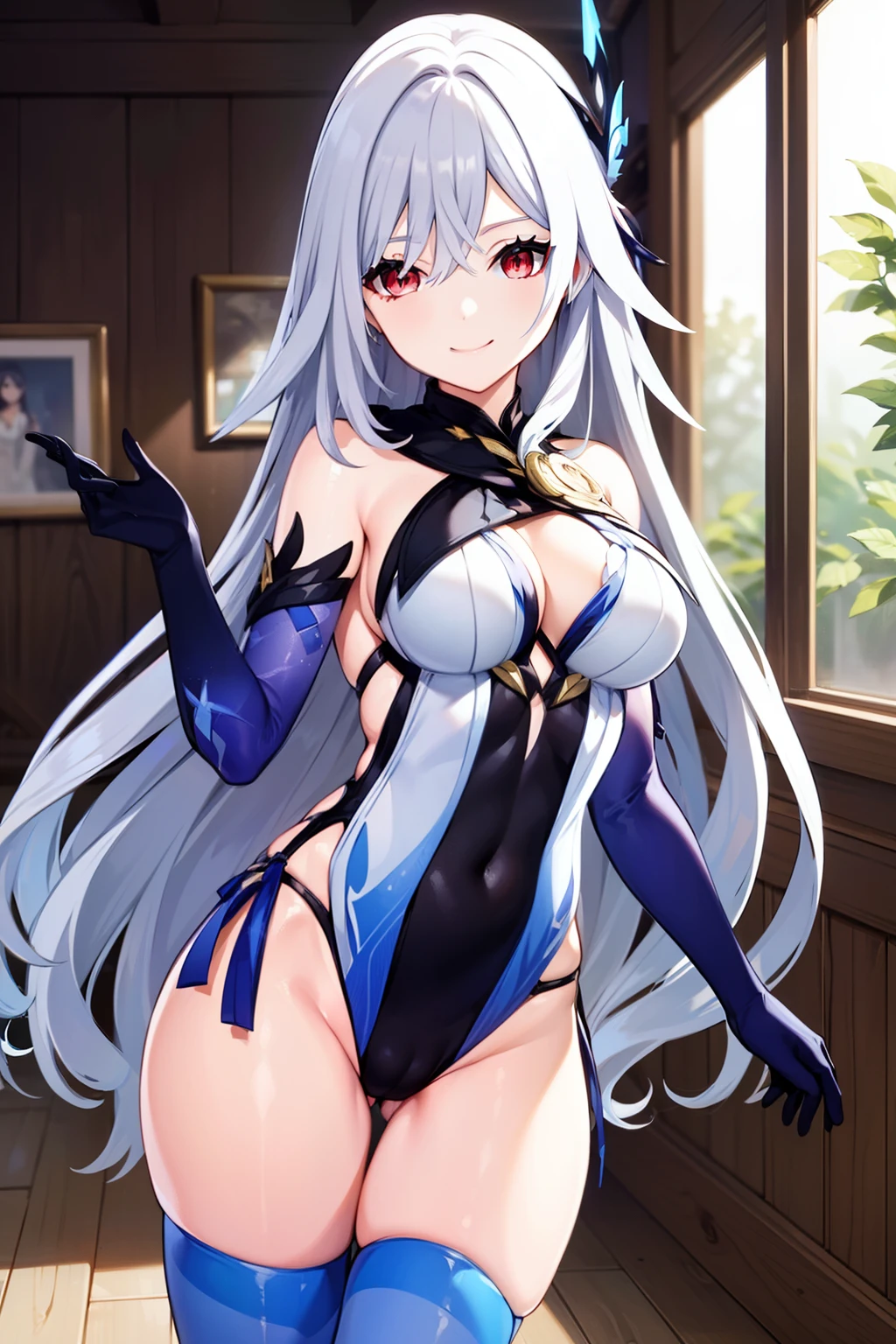 (masterpiece, best quality, ultra-detailed), SkirkGI, red eyes, long hair, white hair, blue hair, hair ornament, long sleeves, blue thighhighs, gloves, medium breasts, indoors, standing, looking at viewer, smile, dynamic pose