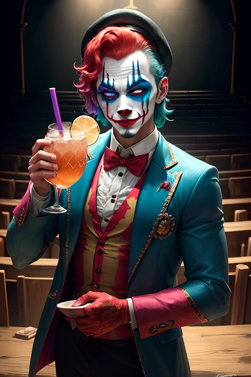 "Describe a circus clown with a sinister countenance and exaggerated makeup, sua face pintada com cores escuras e um sorriso perturbador. He holds a hand-carved wooden cup, decorado com entalhes estranhos e aparentemente antigos. The clown drinks in a theatrical and exaggerated way, Her eyes behind the dark makeup reveal an unsettling glow as she sips the drink."