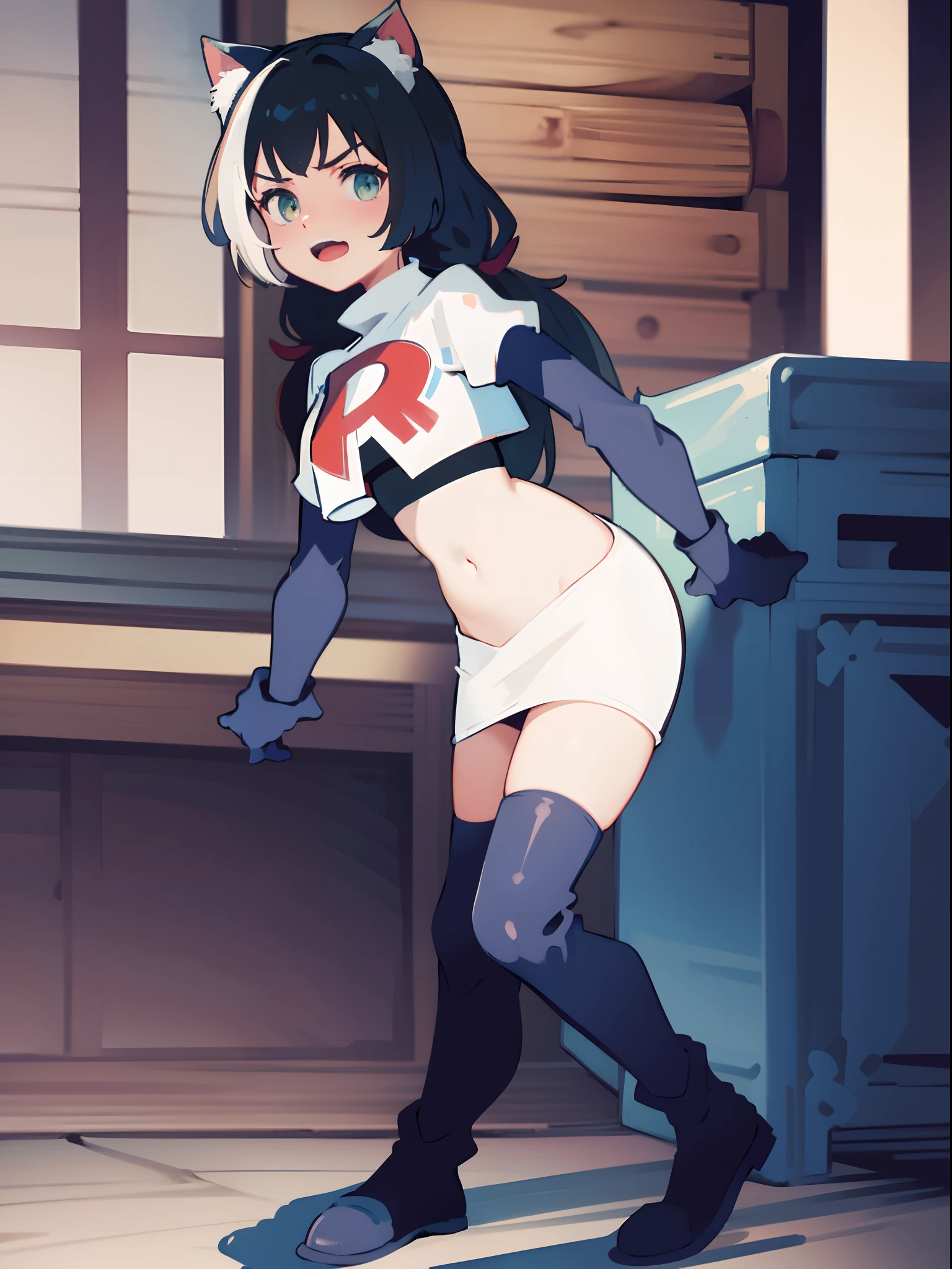 karyl,low twintails, twintails, cat tail,team rocket,team rocket uniform,white skirt,crop top,black thigh-high boots,black elbow gloves,