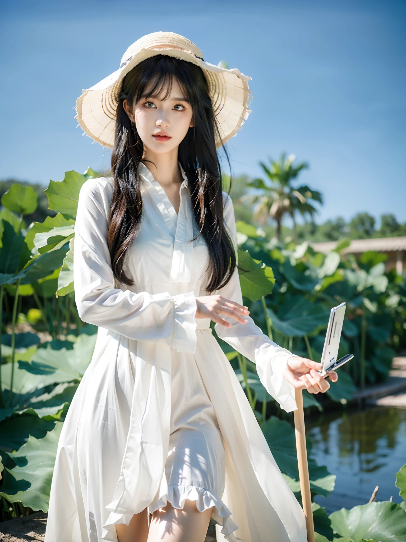 Alafi girl in white dress and straw hat holding a mobile phone, with straw hat, Ethereal and dreamy, Dreamy and ethereal, Dreamy style, ethereal glare of the sun, dreamy and detailed, belle delphine, hot with shining sun, at summer afternoon, Ethereal beauty, lalisa manobal, Very ethereal, ethereal dreamy light, lovely bohemian princess, dreamy hazy