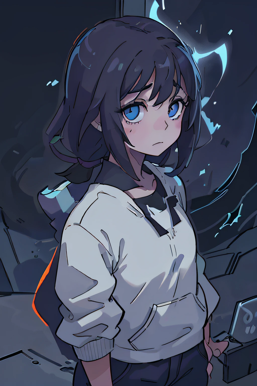 Representar a Ana de perfil, con el rostro medio oculto por sombras, pero con un atisbo de luz que ilumina sus ojos. Using dark, cool tones to convey the atmosphere of depression, but with flashes of warmer colors hinting at hope.(estilo anime)