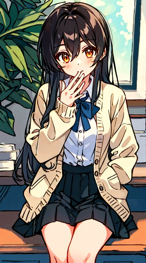 Hori Kyouko, 1 girl, black skirt, black tights, brown hair, cardigan, mouth closed, collared shirt, dress shirt, hair between eyes, hand up, Katagiri High School uniform, long hair, long sleeves, looking at viewer , orange eyes, school uniform, shirt, sitting, skirt, alone, speech bubble, split mouth, thighs, white shirt, a young girl in a black skirt and black thigh-high stockings, shows her unique style with her brown hair and cardigan . His closed mouth adds a touch of mystery to his expression. He wears a collared dress shirt as part of his Katagiri High School uniform, with a strand of hair falling between his eyes. Confidently raising her hand, she sits alone, with long sleeves and a skirt on her uniform. Her captivating orange eyes look directly at the viewer, capturing their attention. To complete his outfit, he wears a white shirt under his uniform, a closed cardigan that denotes the ribbon on his shirt. With her split mouth and charming presence, Hori Kyouko stands out in the school environment, leaving a lasting impression.