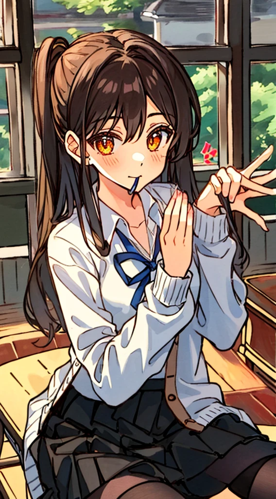 Hori Kyouko, 1 girl, black skirt, black tights, brown hair, cardigan, mouth closed, collared shirt, dress shirt, hair between eyes, hand up, Katagiri High School uniform, long hair, long sleeves, looking at viewer , orange eyes, school uniform, shirt, sitting, skirt, alone, speech bubble, split mouth, thighs, white shirt, a young girl in a black skirt and black thigh-high stockings, shows her unique style with her brown hair and cardigan . His closed mouth adds a touch of mystery to his expression. He wears a collared dress shirt as part of his Katagiri High School uniform, with a strand of hair falling between his eyes. Confidently raising her hand, she sits alone, with long sleeves and a skirt on her uniform. Her captivating orange eyes look directly at the viewer, capturing their attention. To complete his outfit, he wears a white shirt under his uniform, a closed cardigan that denotes the ribbon on his shirt. With her split mouth and charming presence, Hori Kyouko stands out in the school environment, leaving a lasting impression.