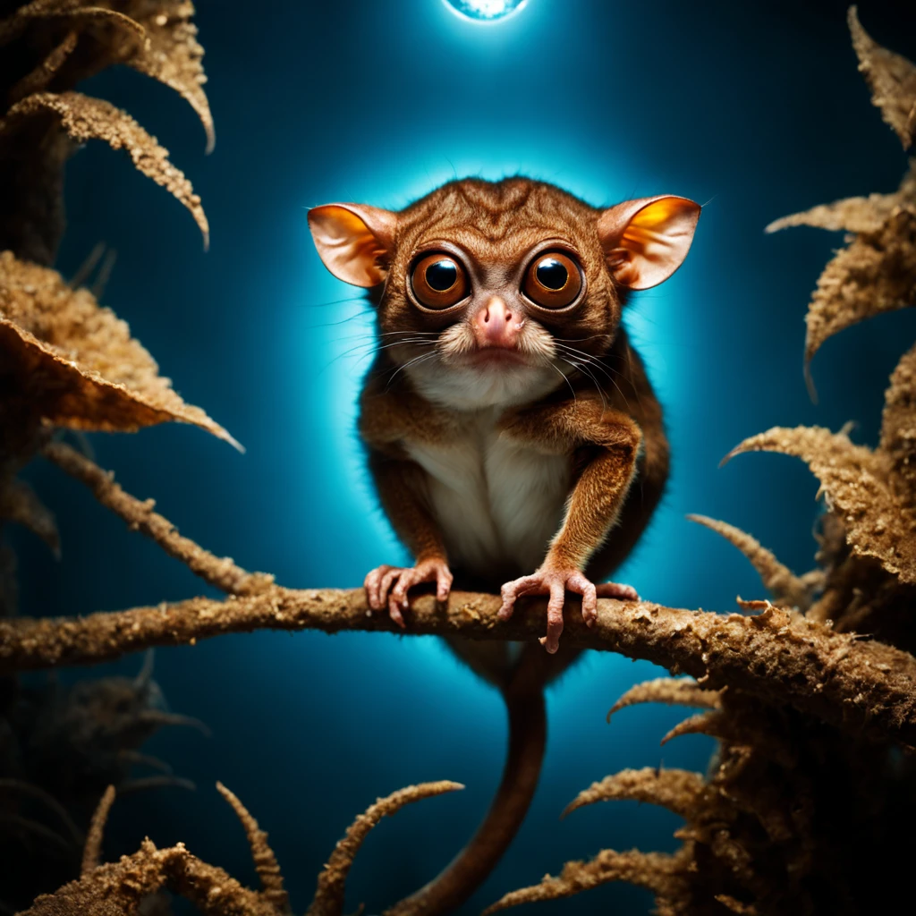 Tarsier with glowing eerie eyes and a intense beam of light coming from them, in alien style, masterpiece, best quality, background deep ocean