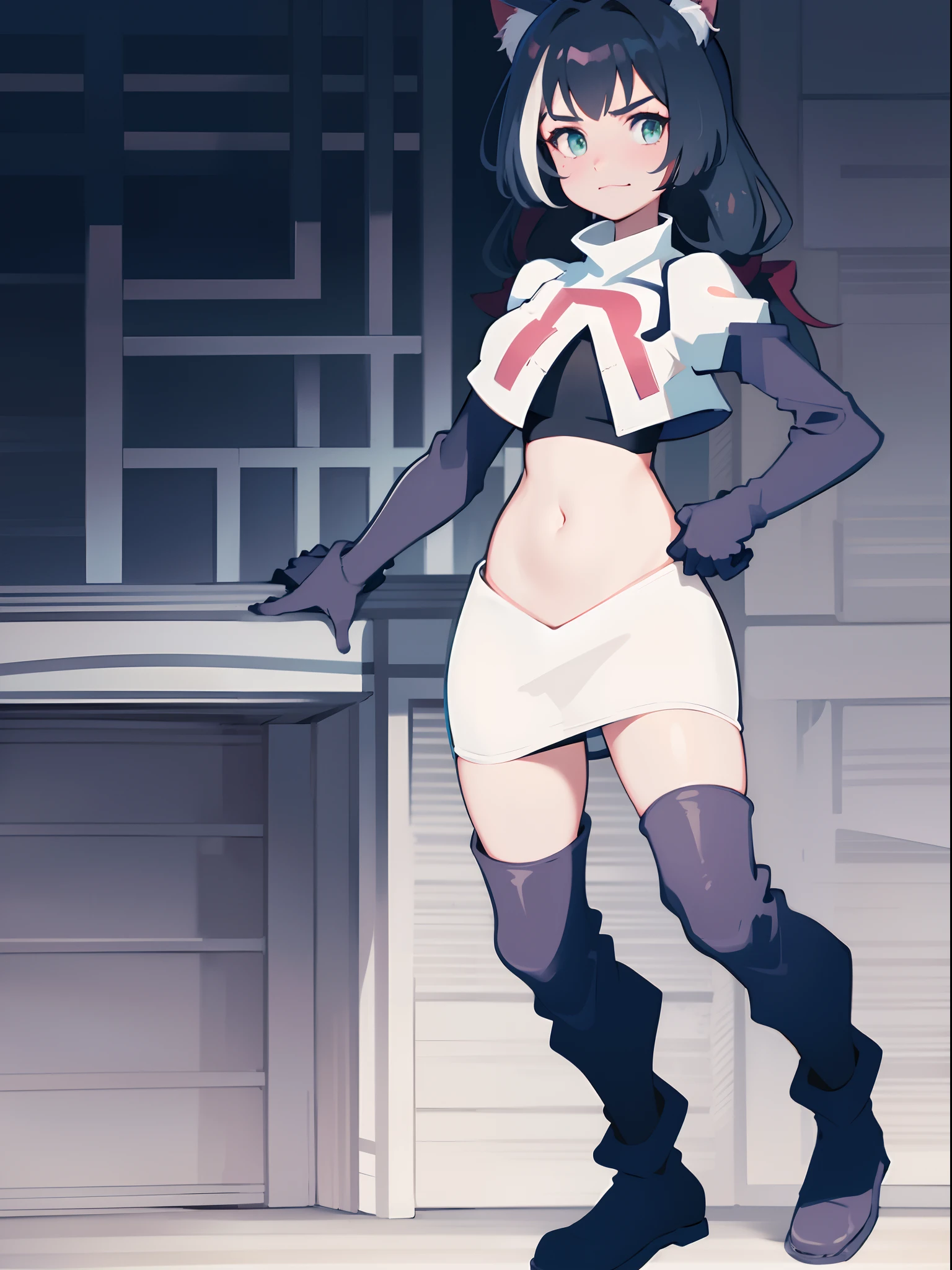 karyl,low twintails, twintails, cat tail,team rocket,team rocket uniform,white skirt,crop top,black thigh-high boots,black elbow gloves,