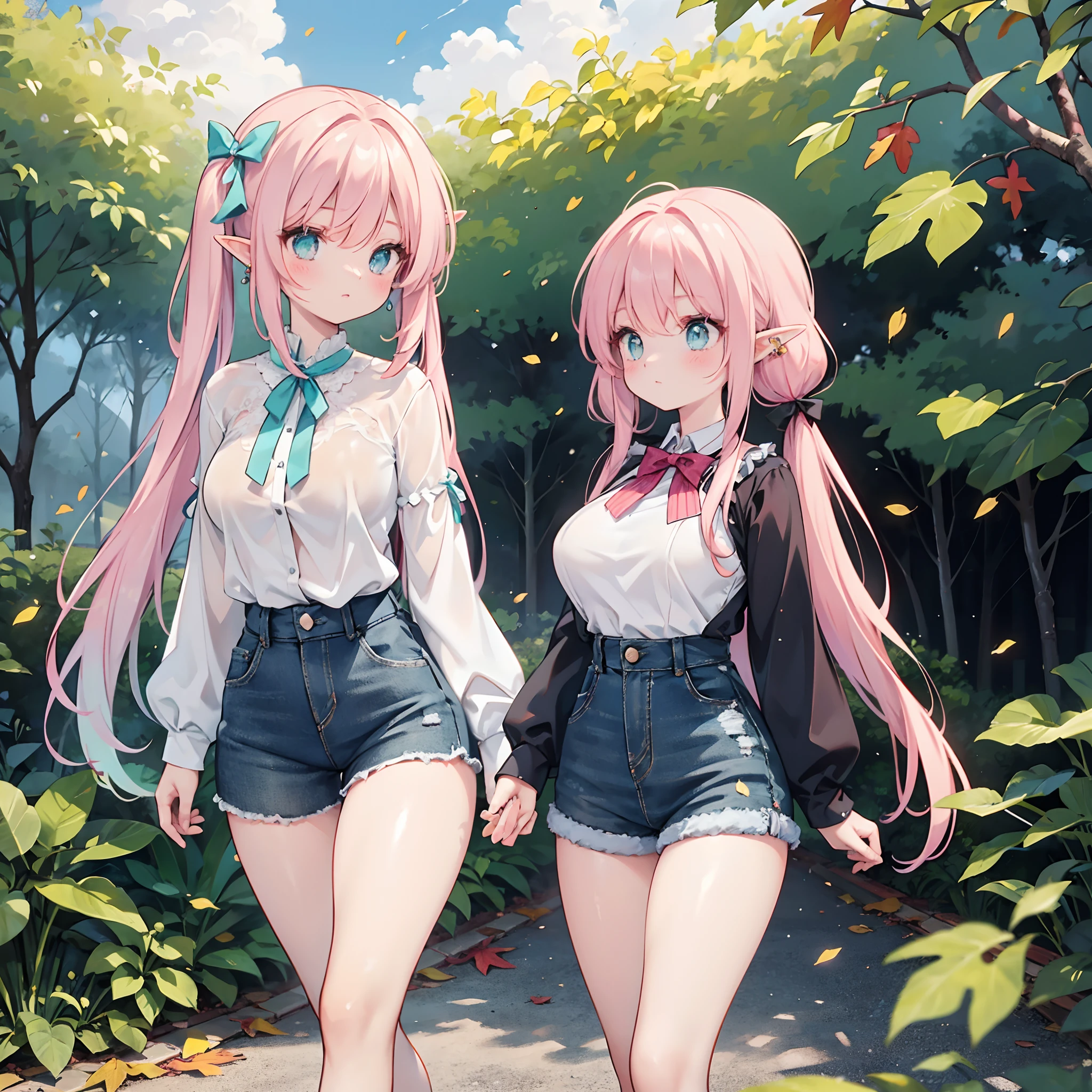 Realistic and detailed image of an elf. with a bow top and denim minishorts. stockings to mid-thigh. Unusually shiny long silky light pink hair styled in pigtails. bright turquoise eyes. She has earrings and long eyelashes. Large breasts, slim waist, very wide hips and thick thighs. Back arched. walking sensually. Autumn. leaves falling. cloudy day. park. Volumetric light. Ambient light.