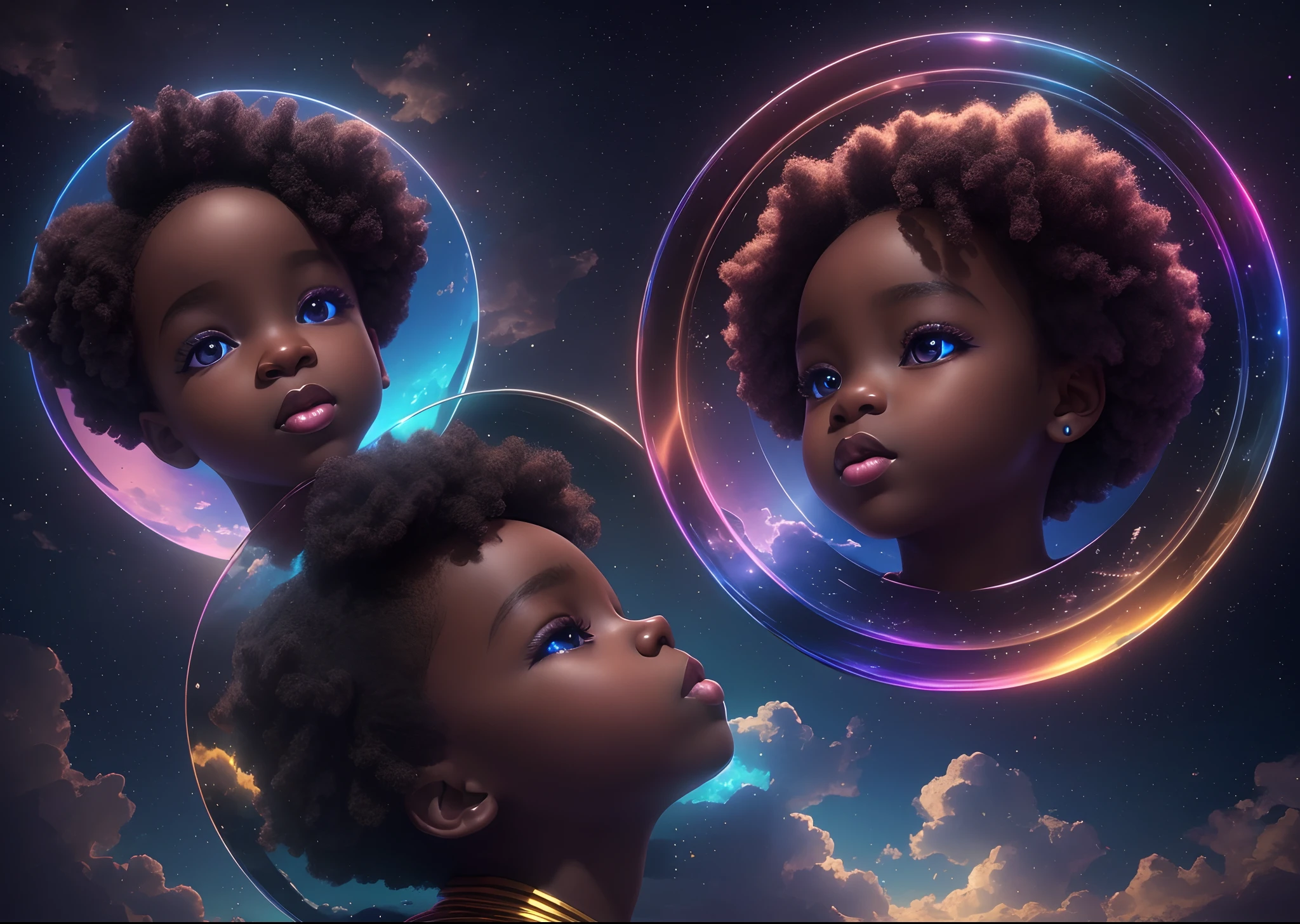 Beautiful black dressed in African
designed clothes, floating in the sky ,among the clouds reflected by lights of colours of blue and velvet, abstract art, blue and velvet layers of colour in the background, surrealism, cinematic lighting, artgerm style, 32k, ultra HD, unreal engine rendered, hyper-realistic image, octane 3d rendering --auto --s2