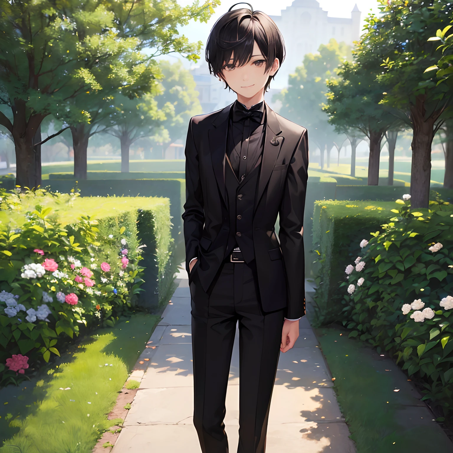 1 boy, Solo,(Perfect Anatomy:1.43), (Shorthair:1.55) ,Bangs, Brown eyes,Fine eyes,(mournful smile:1.3),(Black hair:1.6), Standing in the garden of the mansion、Black tuxedo