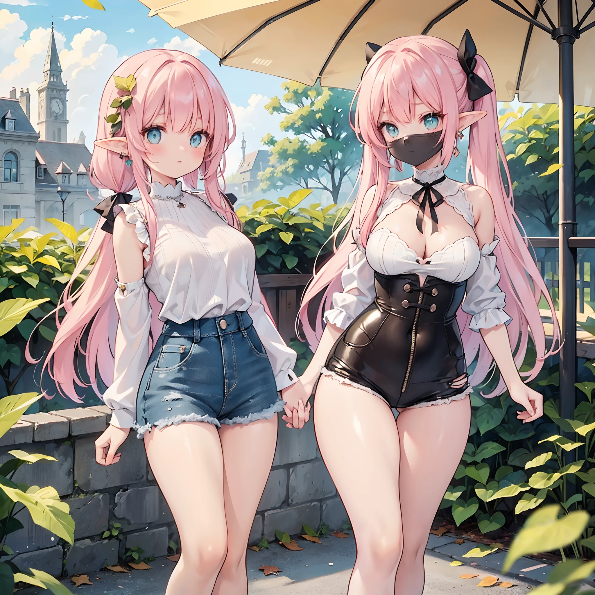 Realistic and detailed image of an elf. with a bow top and denim minishorts. stockings to mid-thigh. Unusually shiny long silky light pink hair styled in pigtails. bright turquoise eyes. She has earrings and long eyelashes. Large breasts, slim waist, very wide hips and thick thighs. Back arched. walking sensually. Autumn. leaves falling. cloudy day. park. Volumetric light. Ambient light.