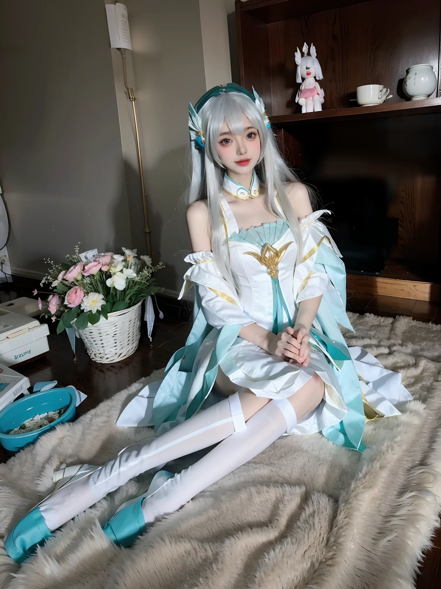 There was a woman sitting on the floor,Holding a basket of flowers, Anime girl cosplay, Anime cosplay, Hatsune Miku cosplay, cosplay, cosplay foto, white cyan, anime barbie in white stockings, the anime girl is crouching, elegant glamourous cosplay, cosplay of a catboy! maid! dress, white and teal garment, white hime cut hairstyle, rpgmaker