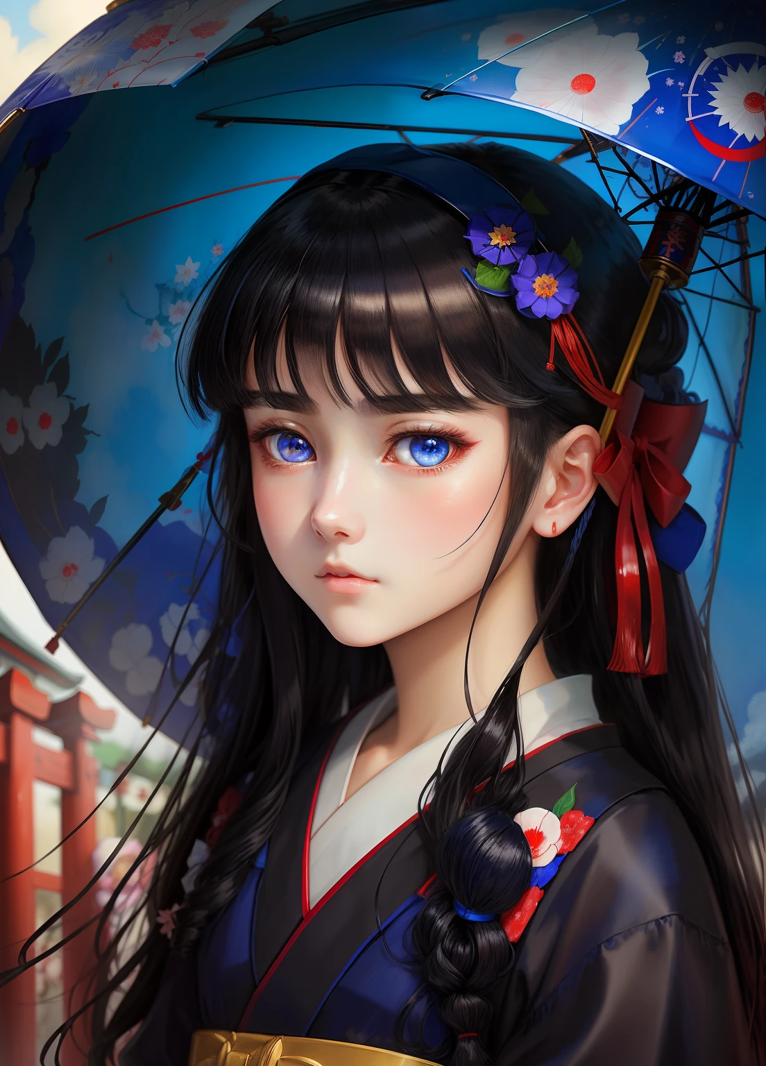 masterpiece、top-quality、shrine maiden、girl with、kawaii、glossy dark hair、Beautiful blue eyes、Eyes are depicted in detail、The face is depicted in detail、Clothes are depicted in detail、Have a serious face、soio、2D Beautiful Girl、anime illustrated
