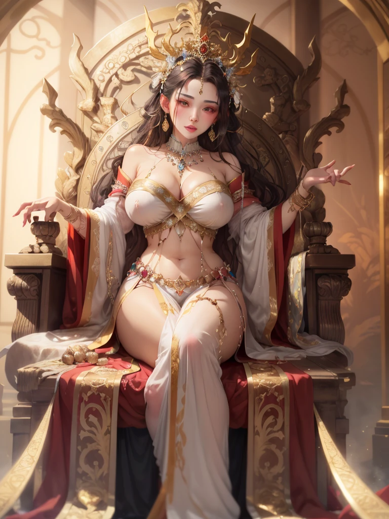 Goddess of greed and pleasure. Golden skin. Very large bust. Sitting on a throne of jewels