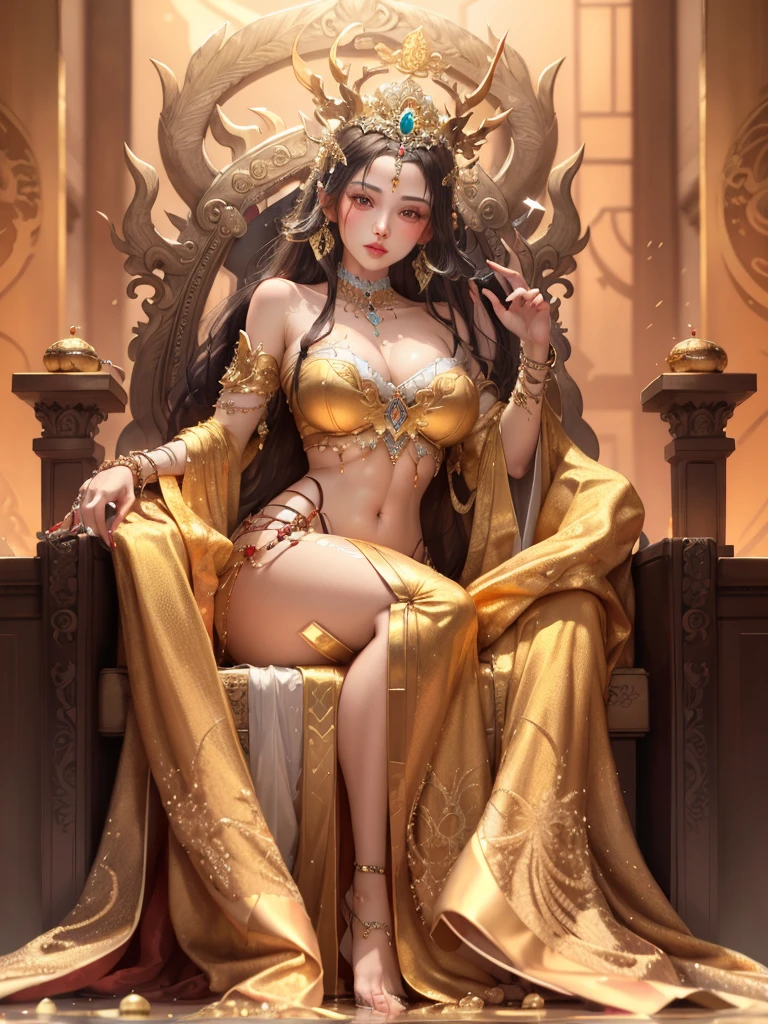 Goddess of greed and pleasure. Golden skin. Very large bust. Sitting on a throne of jewels