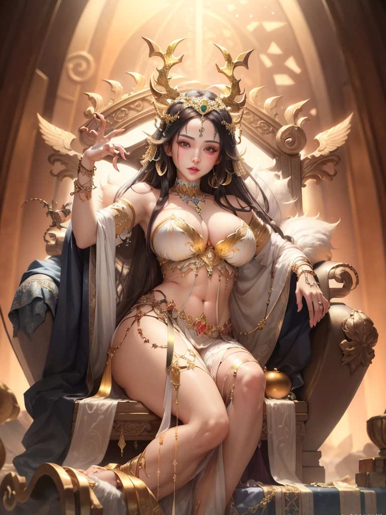 Goddess of greed and pleasure. Golden skin. Very large bust. Sitting on a throne of jewels