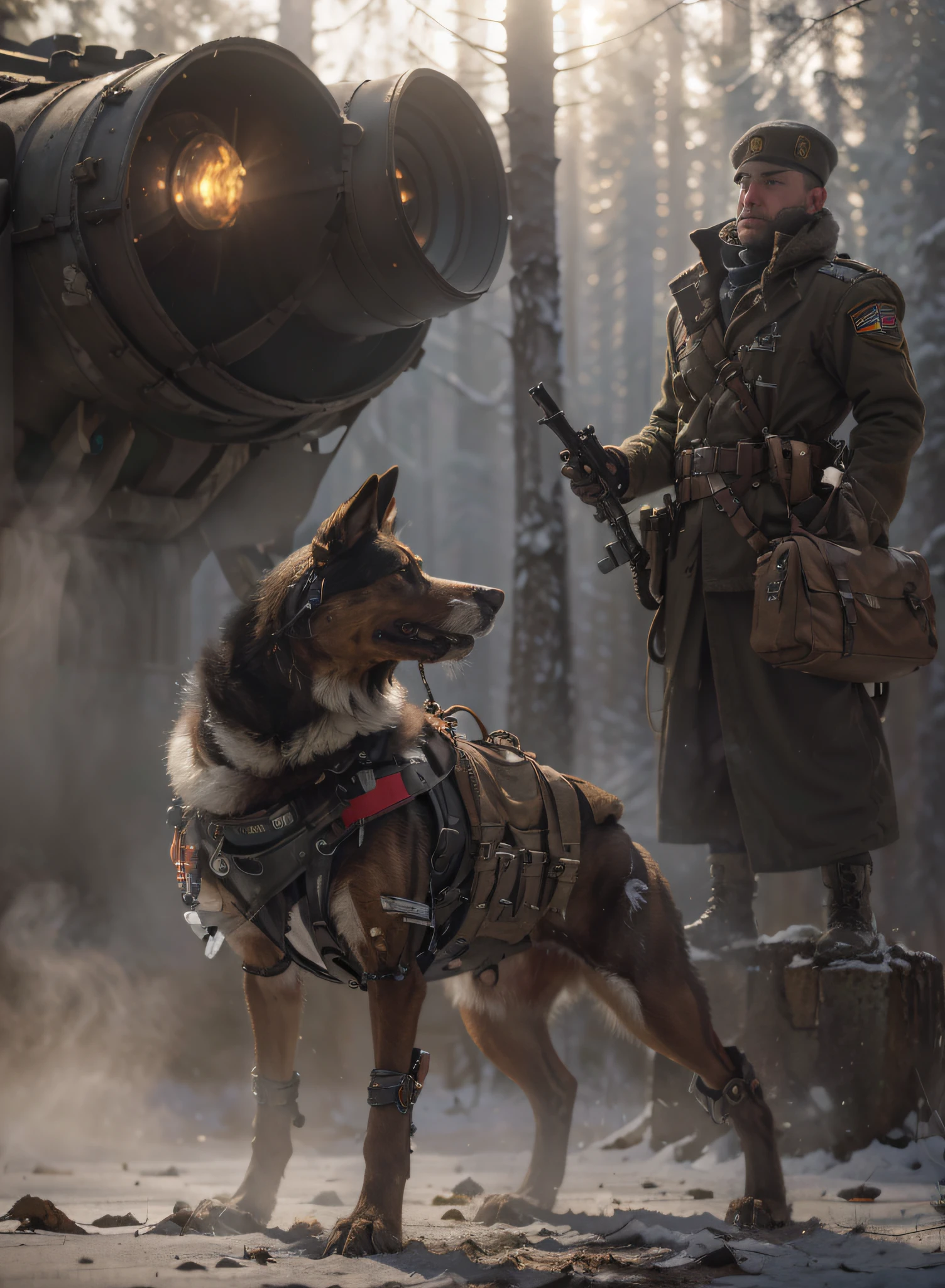 Siberian cyborg dog Dieselpunk style robotic, Detailed realistic dog skin, Half of the dog's parts are metal robotics, Pipes and cables, He is accompanied by a soldier, Russian features, The soldier has half of his face bandaged and has a single arm, Soldier in brown Soviet-style uniform, with dark red details, Dark brown military pants, Black military boots, leather straps, Belt with ammunition, Hand with glove, Highly detailed hand, carries a rifle, Soldier carries a military bag, debris, is in a wild snowy winter forest, realistic, 4k, Ultra detailed image, realistic, Highly detailed, perfect composition, gorgeous, Intricately detailed, incredibly detailed, Art photography 8K, hyper detailed, Masterpiece, Ultra detailed, hyper realistic, 4k , Ultra detailed image, realistic, Highly detailed, perfect composition, beautiful, intricately detailed, incredibly detailed, art photography 8k, hyper detailed, masterpiece