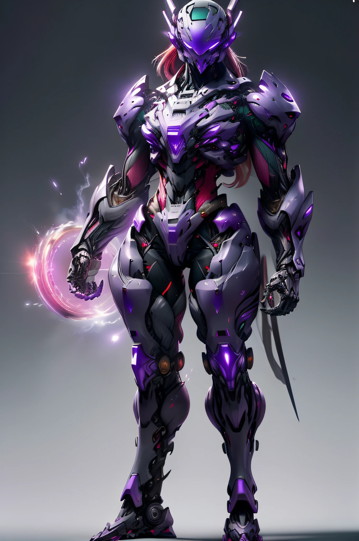 gray mech suit, gray leg armor, Steel muscles, muscle fibers, grey steel muscle, gray muscles, violet energy, scarlet energy, woman body, violet visor, gray helmet, high quality mech suit, Hyper Detail, void, Violet and scarlet Energy, Colorful, gradation, violet and scarlet, Slander body, Full Body Illustration, background of the boundless void