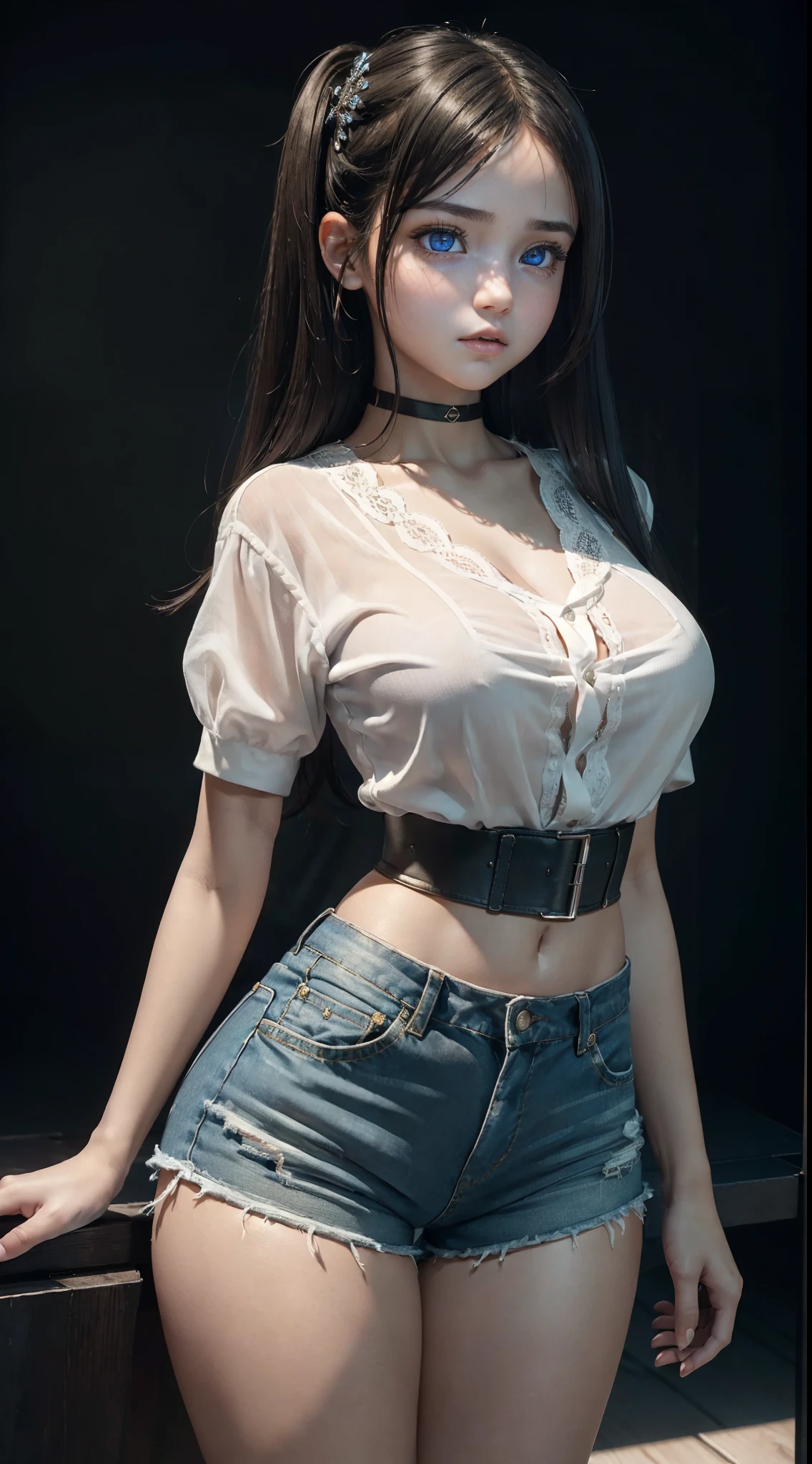 (((front view))), ((Unreal Engine 5)), ((Masterpiece)), ((ultra high definition)), ((ultra high resolution)), ((full sharpness)), ((maximum quality)), ((Cinematic)), ((8k)), ((a baby girl)), (()), ((wearing micro shorts and mini blouse)), ((very detailed eyes)), ((very detailed irises)), ((very thick thighs)), ((very wide hips)), ((always the same face)), ((always the same proportions)), ((always the same clothes)), ((hot girl))